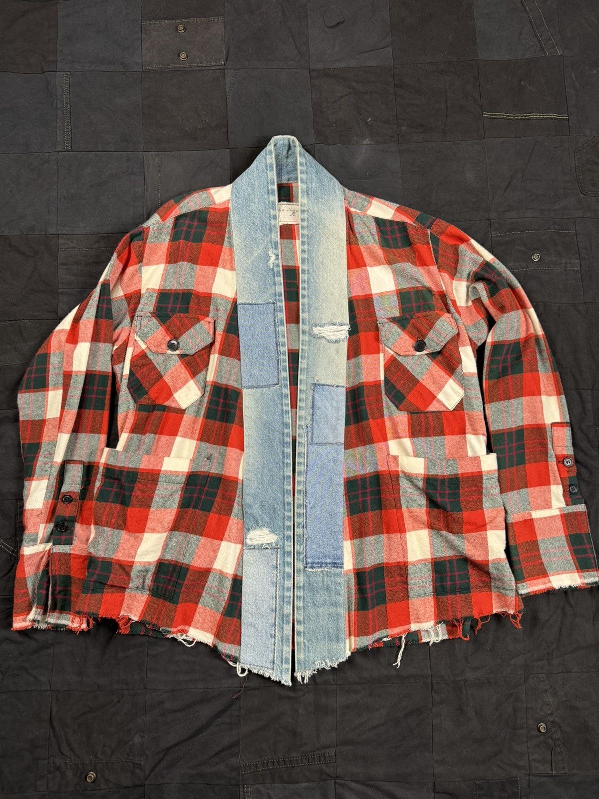 image of Greg Lauren Red Plaid Kimono, Men's (Size Large)