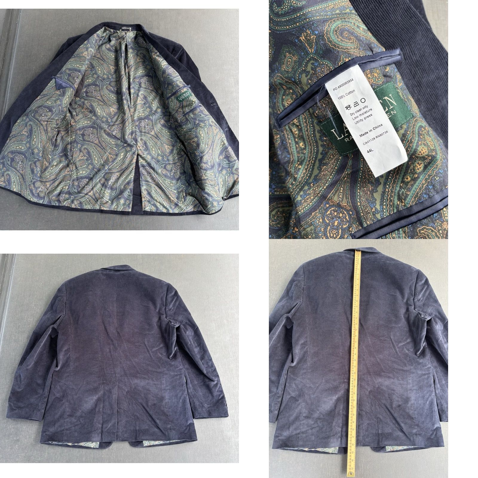 Ralph Lauren VINTAGE Ralph Lauren Men’s Sport Coat Jacket Blue Corduroy 44L 100% Cotton Chest 44 Big & Tall Mens Blazer Paisley Inlay Size 44R - 8 Thumbnail