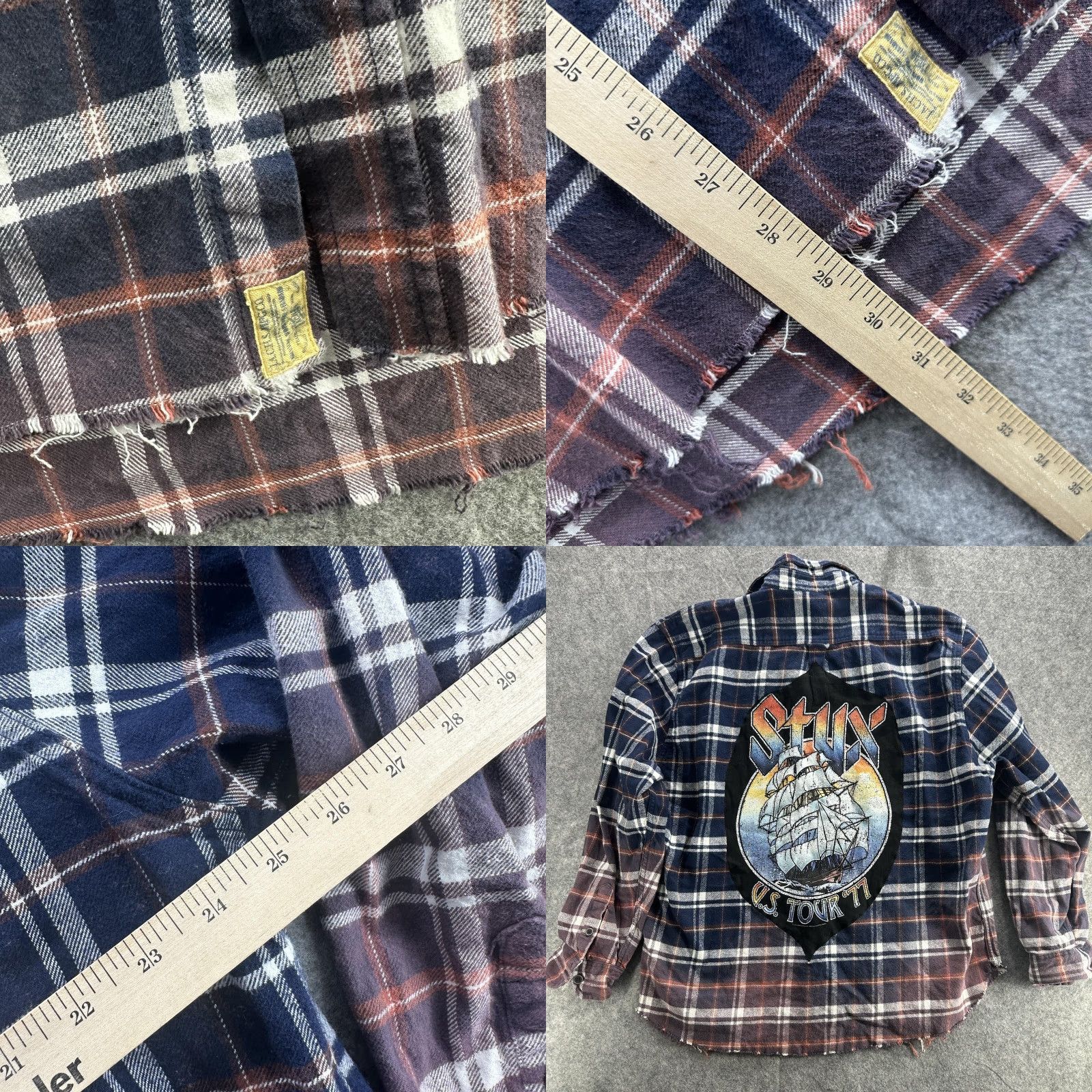 VINTAGE Styx Band Shirt Men's Large Flannel Plaid Distressed 70s Rock Tour Retro Music