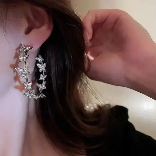 Japanese Brand × Vintage Butterfly Hoop Earrings Shiny Rhinestones Crystal Size ONE SIZE - 4 Thumbnail