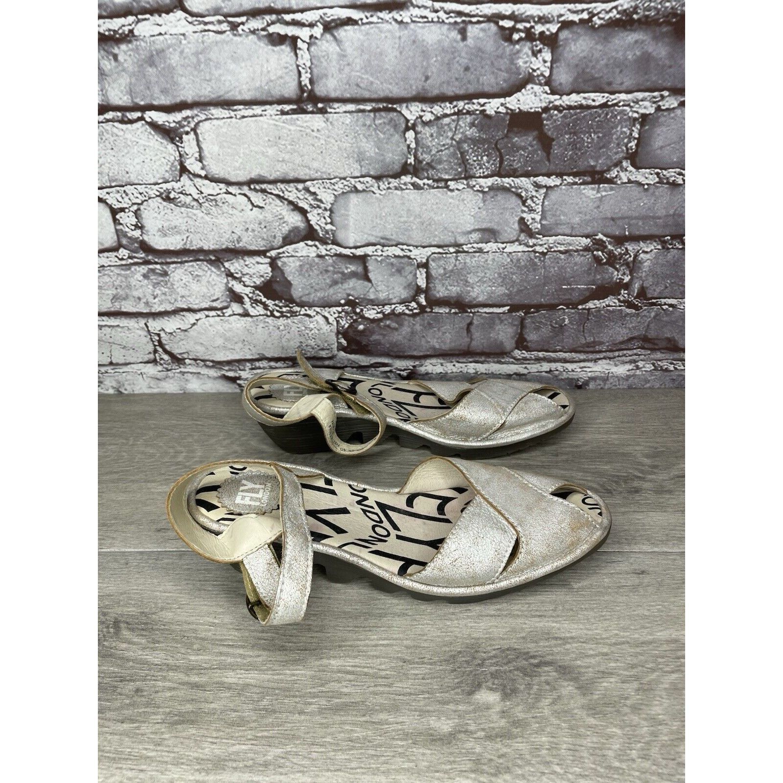 Fly London FLY London Pero Silver Metallic Crackled Peep Toe Wedge Sand Size US 9.5 / IT 39.5 - 14 Thumbnail