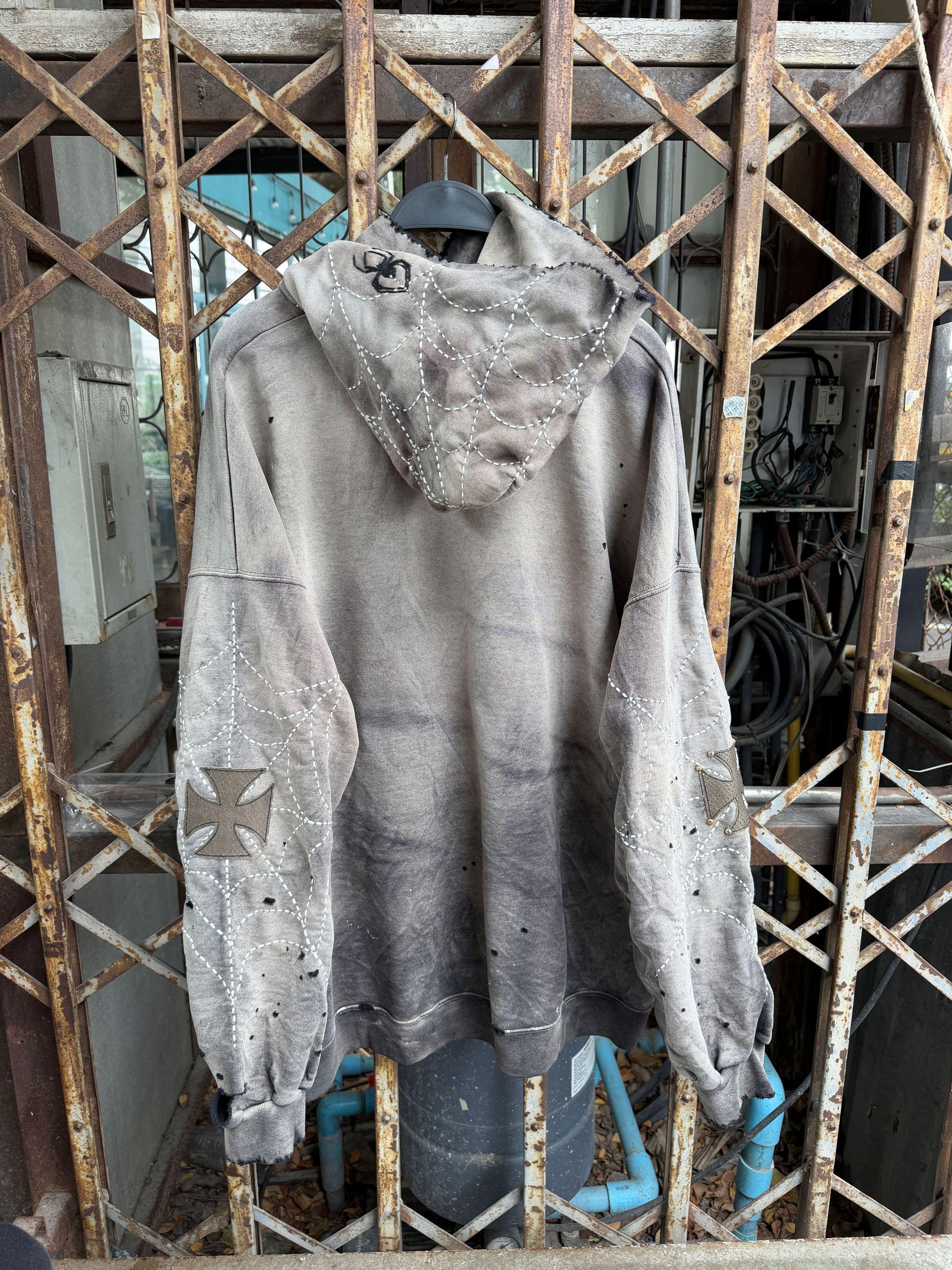 Japanese Brand XXL* Thrashed & Faded Sashiko Spider Web Hoodie Size US XXL / EU 58 / 5 - 9 Thumbnail