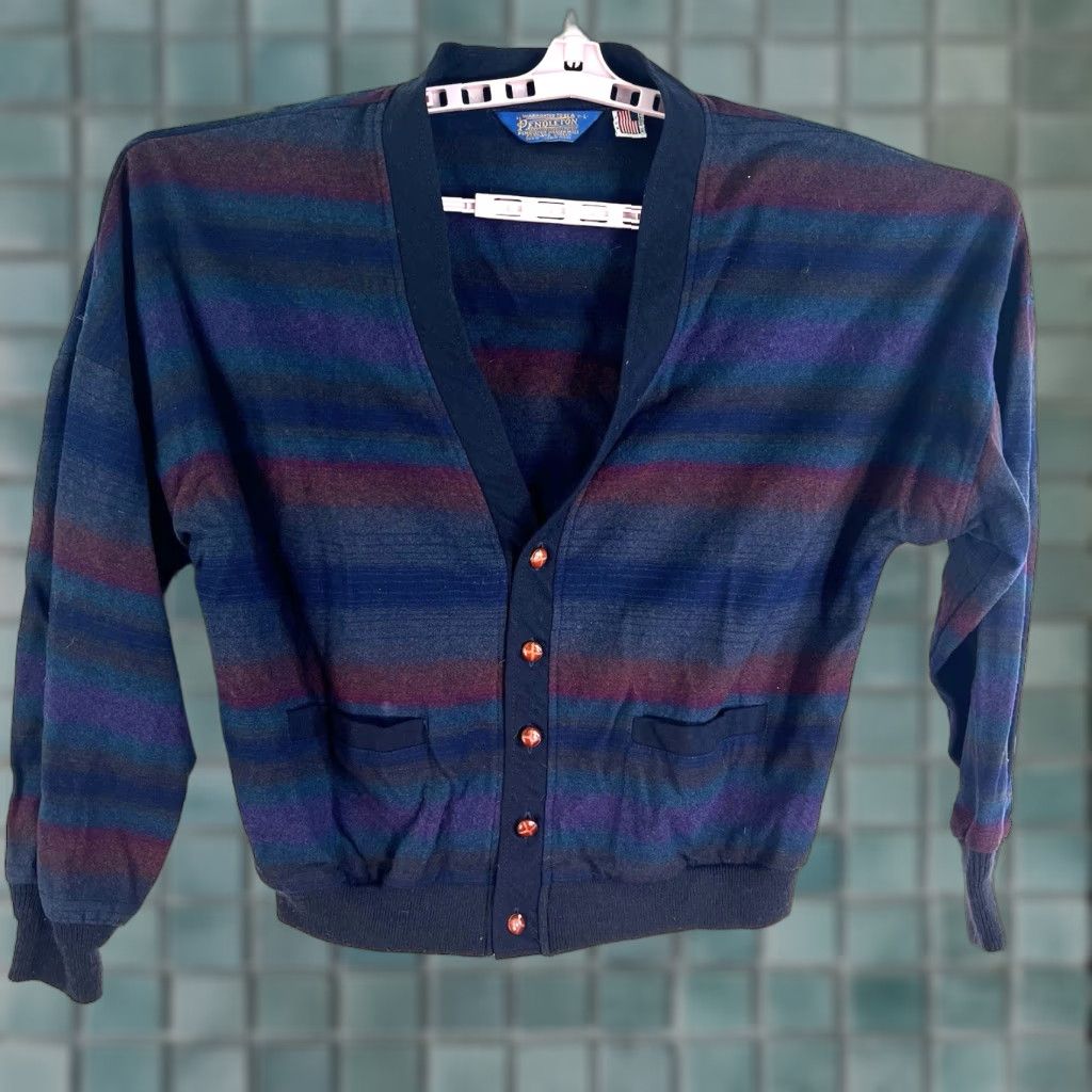 VINTAGE Pendleton Cardigan Striped Virgin Wool Blue 50 Chest L Regular Men’s 1970s EUC