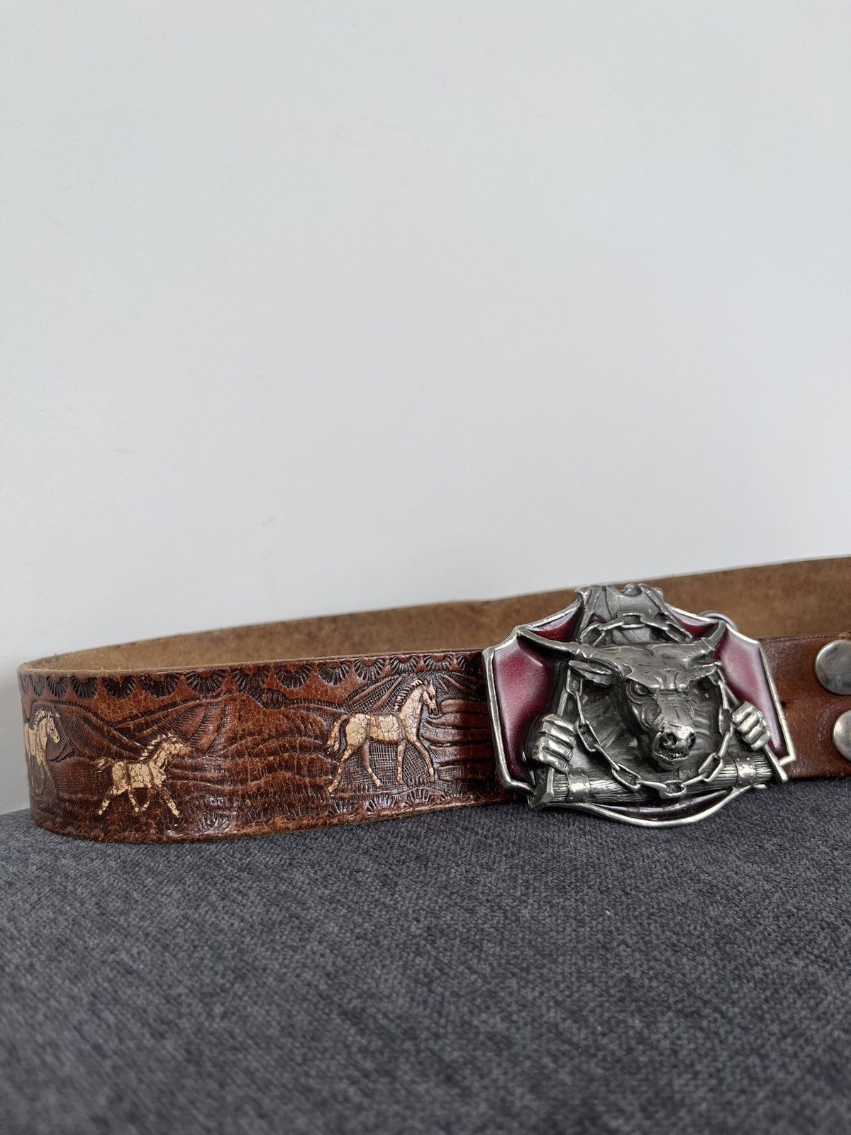 Cowboy Equipment × Vintage 1990 Transide Dragon Designs Minotaur Buckle Leather Belt Size ONE SIZE - 7 Thumbnail