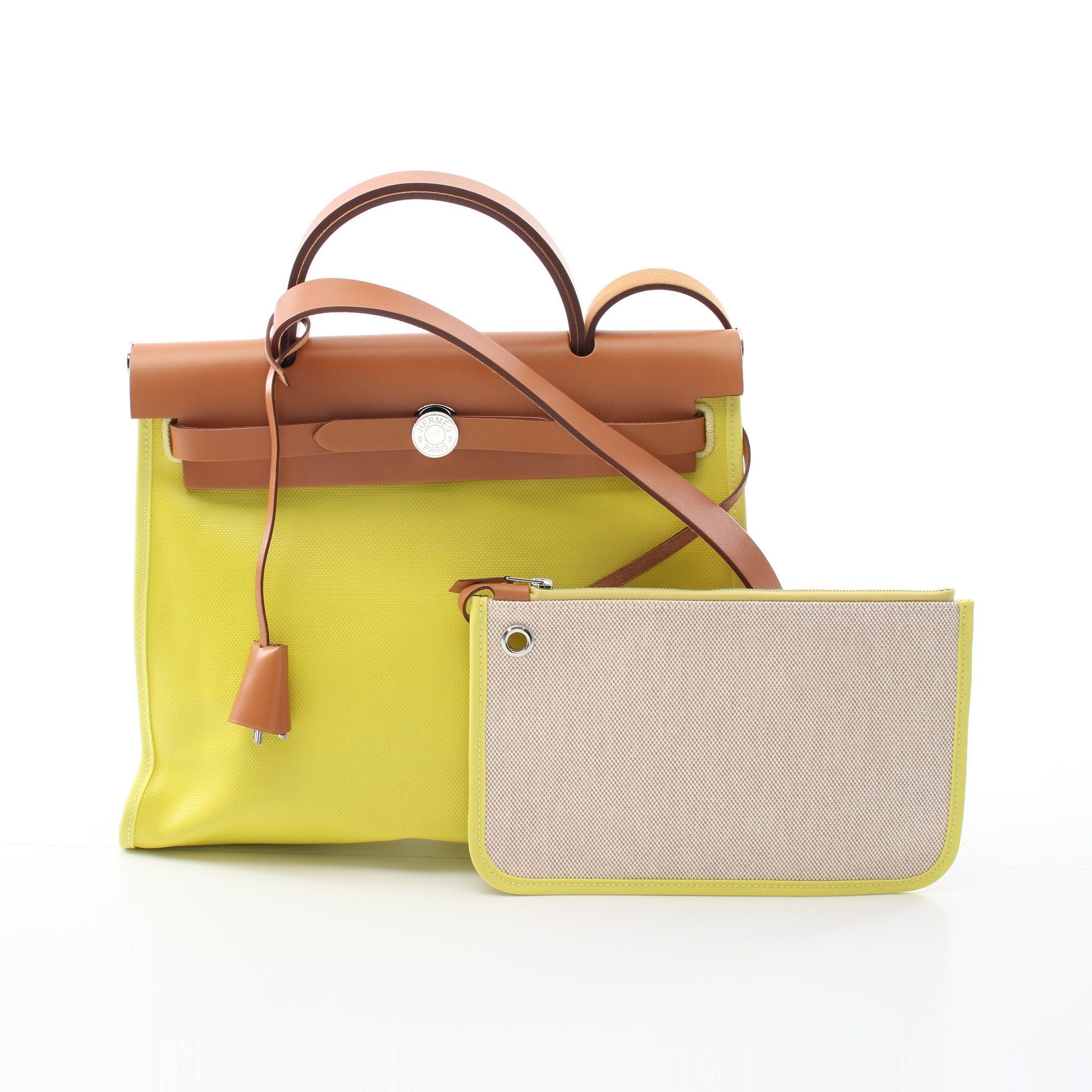 Hermes Herbag Zip Pm Lime Handbag Toile H Berline Vache Hunter Ash Light Brown Yellow Beige Silver Hardware B Stamp