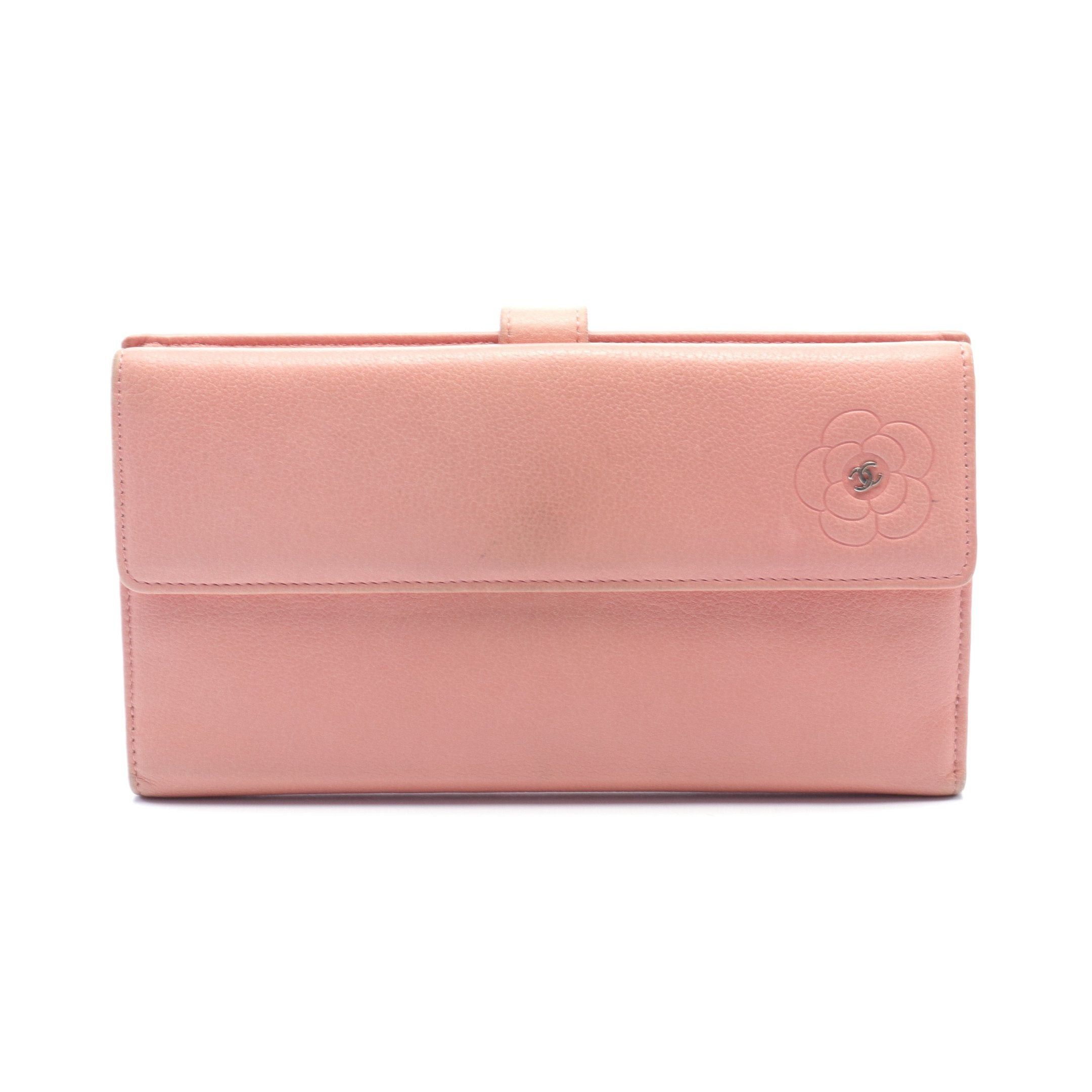 image of Chanel Butterfly Camellia Bi-Fold Long Wallet Leather Pink Silver Hardware, Women's