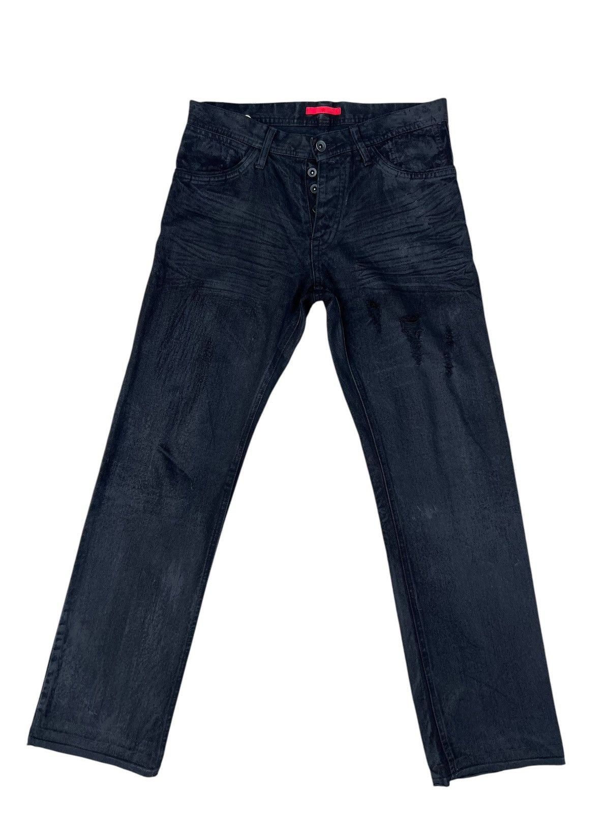 0 0000 Japan Black Coated Waxed Denim Released Hem Jeans Size US 31 - 1 Thumbnail