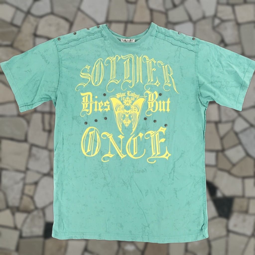 Vintage Black Label Soldier Dies But Once Solid T-Shirt Green 2XL Mens Slim Adult Shirt Size US XXL / EU 58 / 5 - 1 Thumbnail
