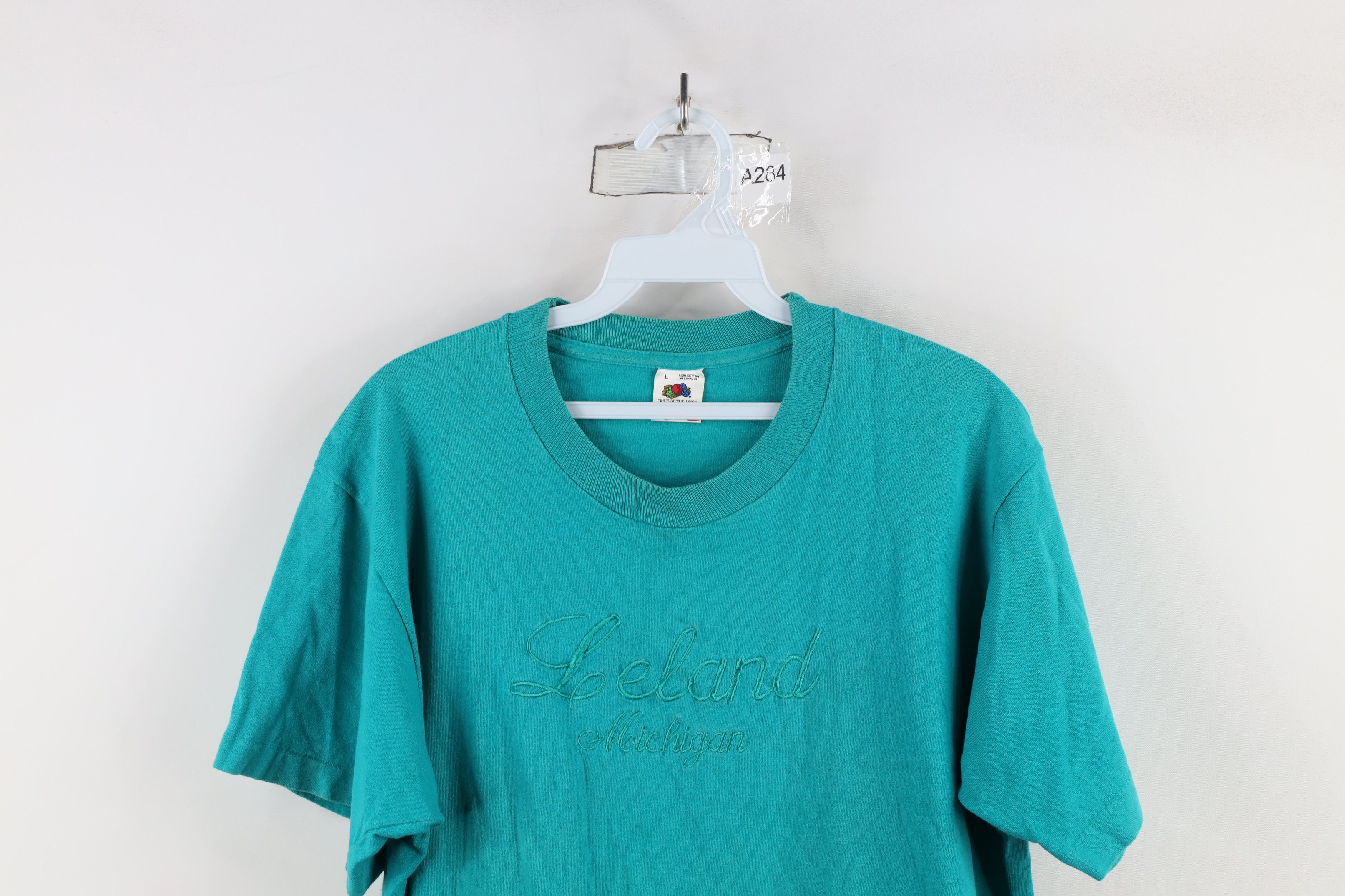 Vintage Vintage 90s Streetwear Leland Michigan T-Shirt Teal USA Size L / US 10 / IT 46 - 2 Thumbnail