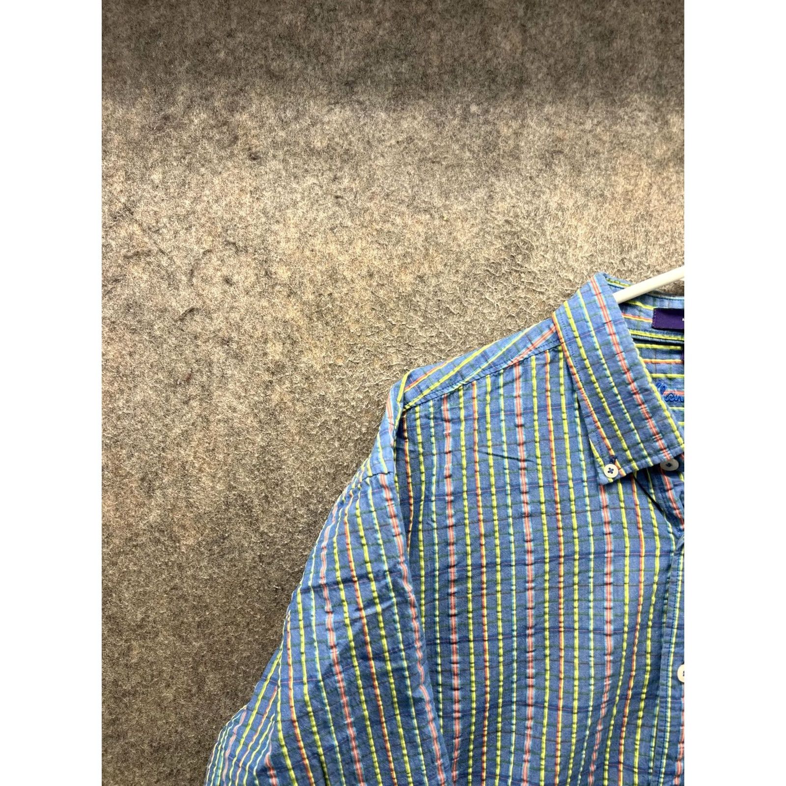 Vintage Alan Flusser Shirt Mens XL Blue Striped Short Sleeve Button Front Cotton Oxford Seersucker Casual Size US XL / EU 56 / 4 - 6 Thumbnail