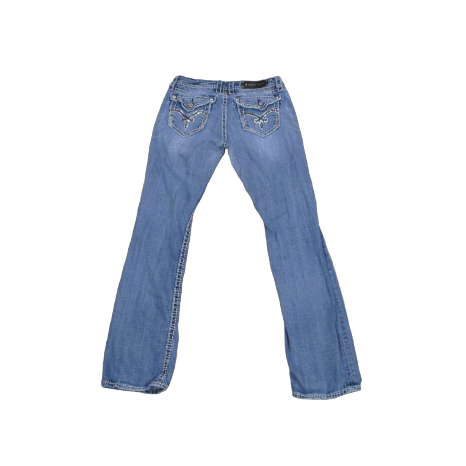 Vintage Rock Revival Jeans Womens 29 Blue Bootcut Medium Wash Rhinestones Logo Pockets Regular Denim Cotton Vintage No Size 29" - 1 Thumbnail