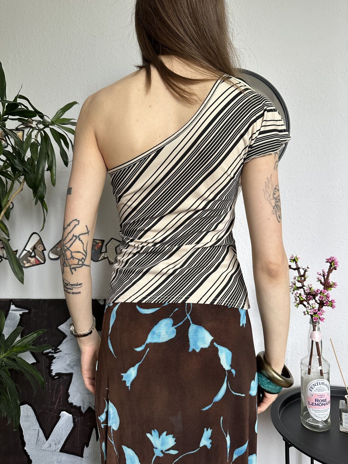 Vintage Asymmetrical One Shoulder Striped Slim Trending Top Size L / US 10 / IT 46 - 6 Thumbnail