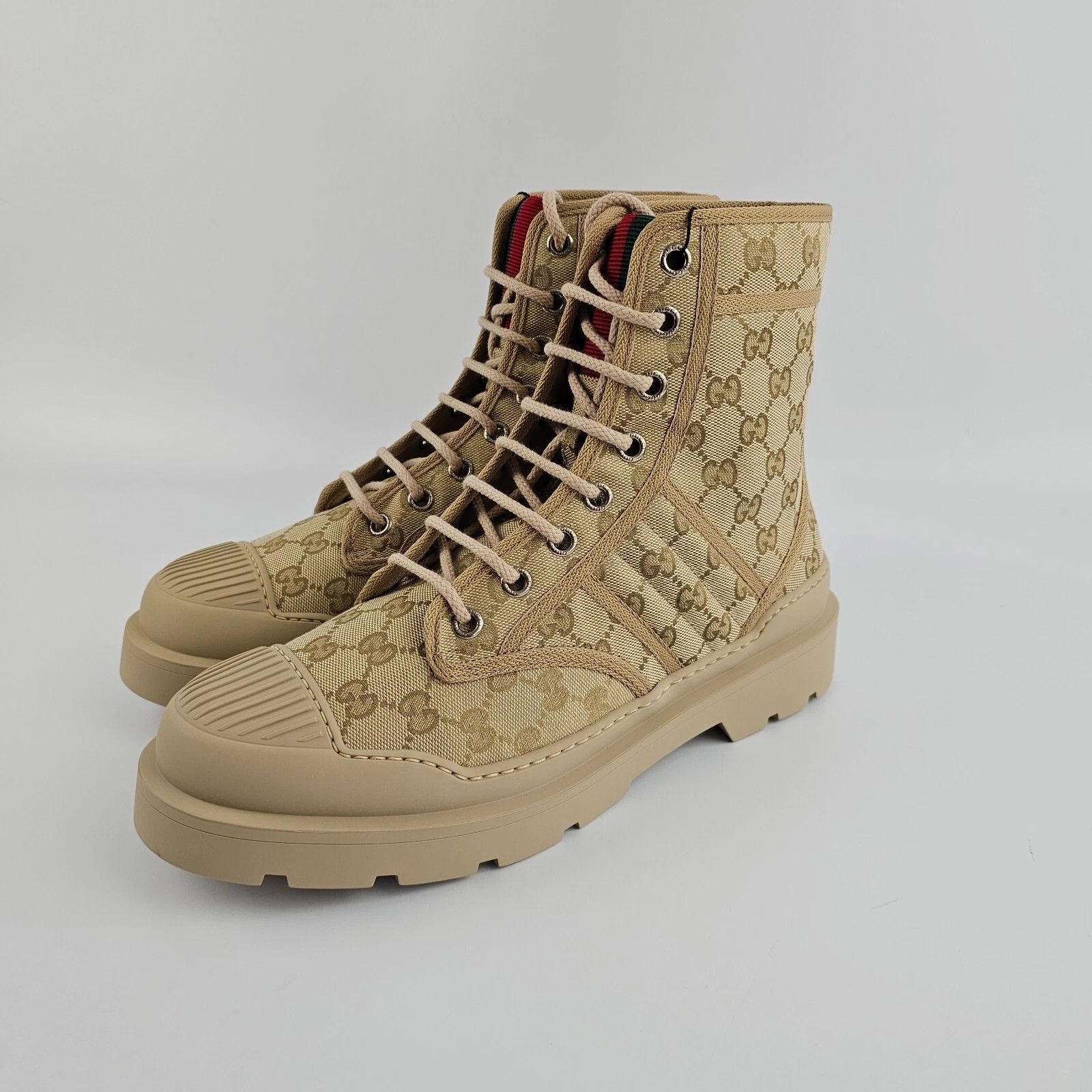 GUCCI $1100 Men's Beige GG Canvas Web Boots New & Authentic