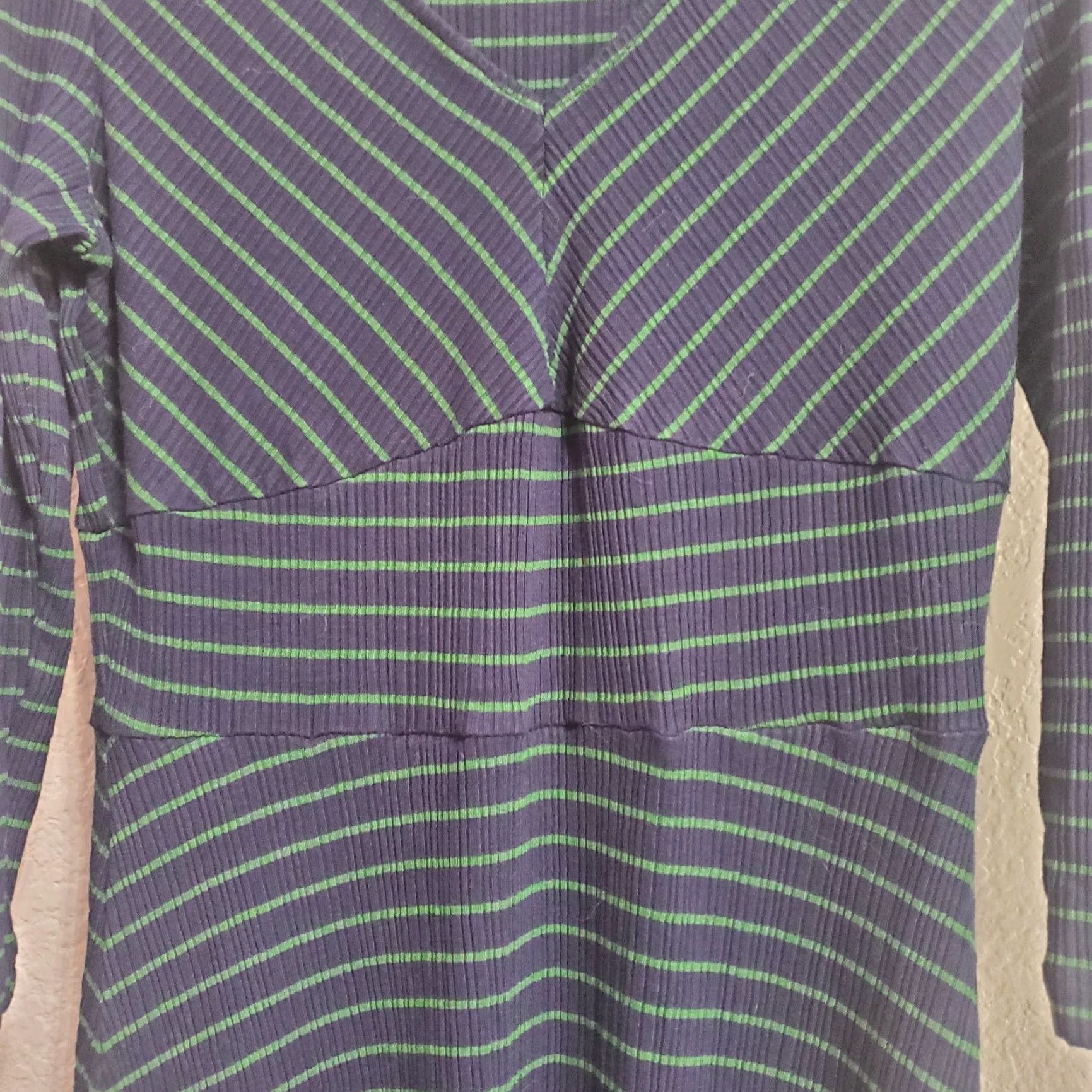 Anthropologie VINTAGE Anthropologie Maeve Dress Women M Blue Green Striped Ribbed Stretchy V Neck Midi 3/4 Sleeve Ruffle Hem Size M / US 6-8 / IT 42-44 - 7 Thumbnail
