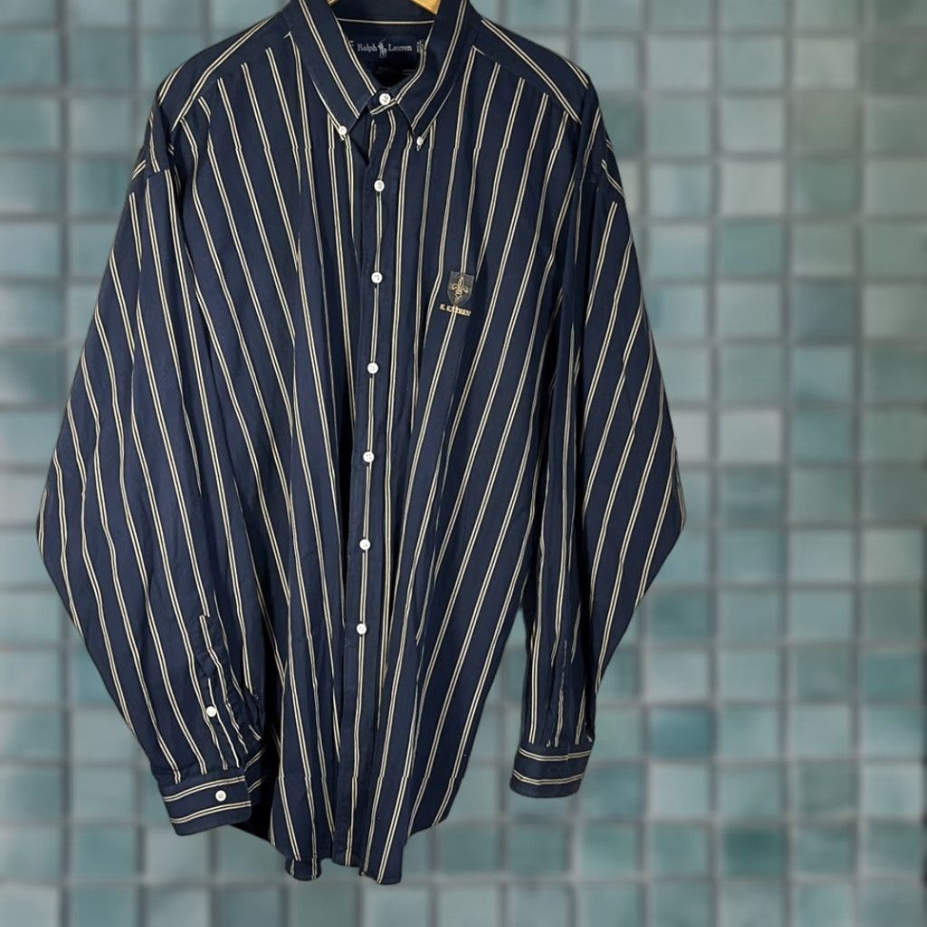 Ralph Lauren VINTAGE Ralph Lauren Crest Shield Shirt Mens XXL Blue Navy Gold Striped Blaire Size US XXL / EU 58 / 5 - 1 Thumbnail