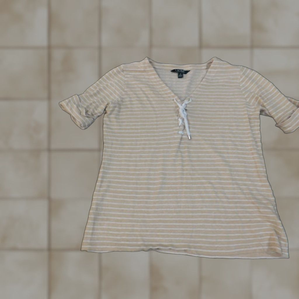 Ralph Lauren Lauren Ralph Lauren Blouse Shirt Womens Medium Beige Linen Striped Pullover Knit Cotton Round Neck Long Sleeve Size M / US 6-8 / IT 42-44 - 1 Thumbnail