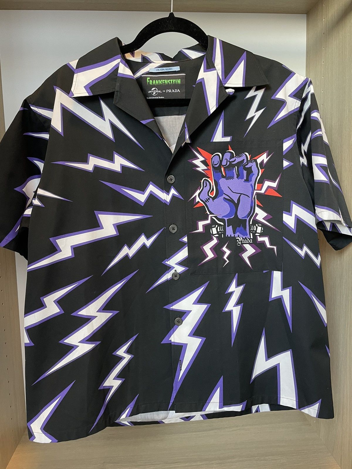 image of Prada Frankenstein Hand Camp Collar Shirt in Black, Men's (Size Large)