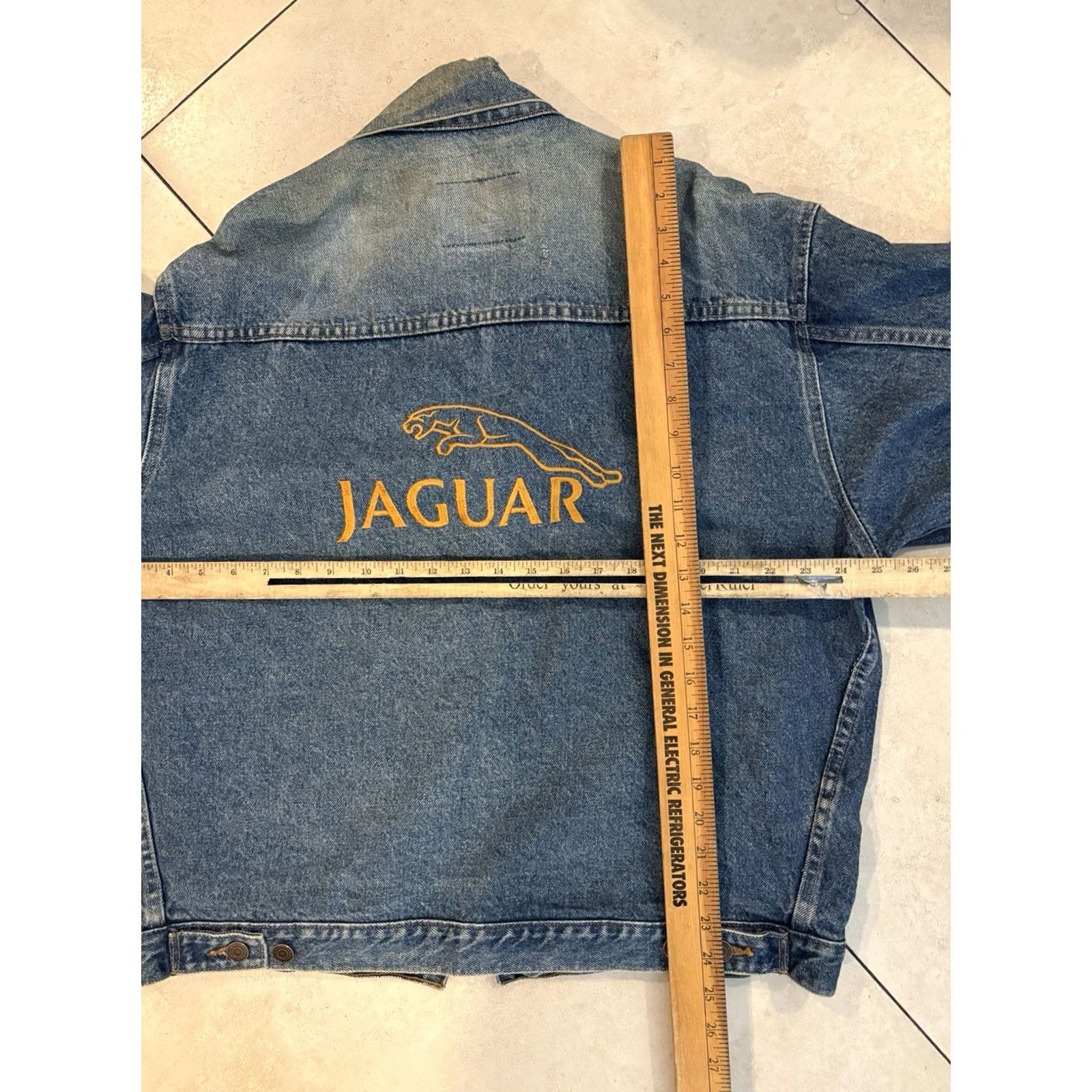 Denime VTG Jaguar Master Denim Jacket Mens L Blue Embroidered Logo Distressed Collared Pockets Short Length 90s City Classic College Countries Dad Jacket Size US L / EU 52-54 / 3 - 7 Thumbnail