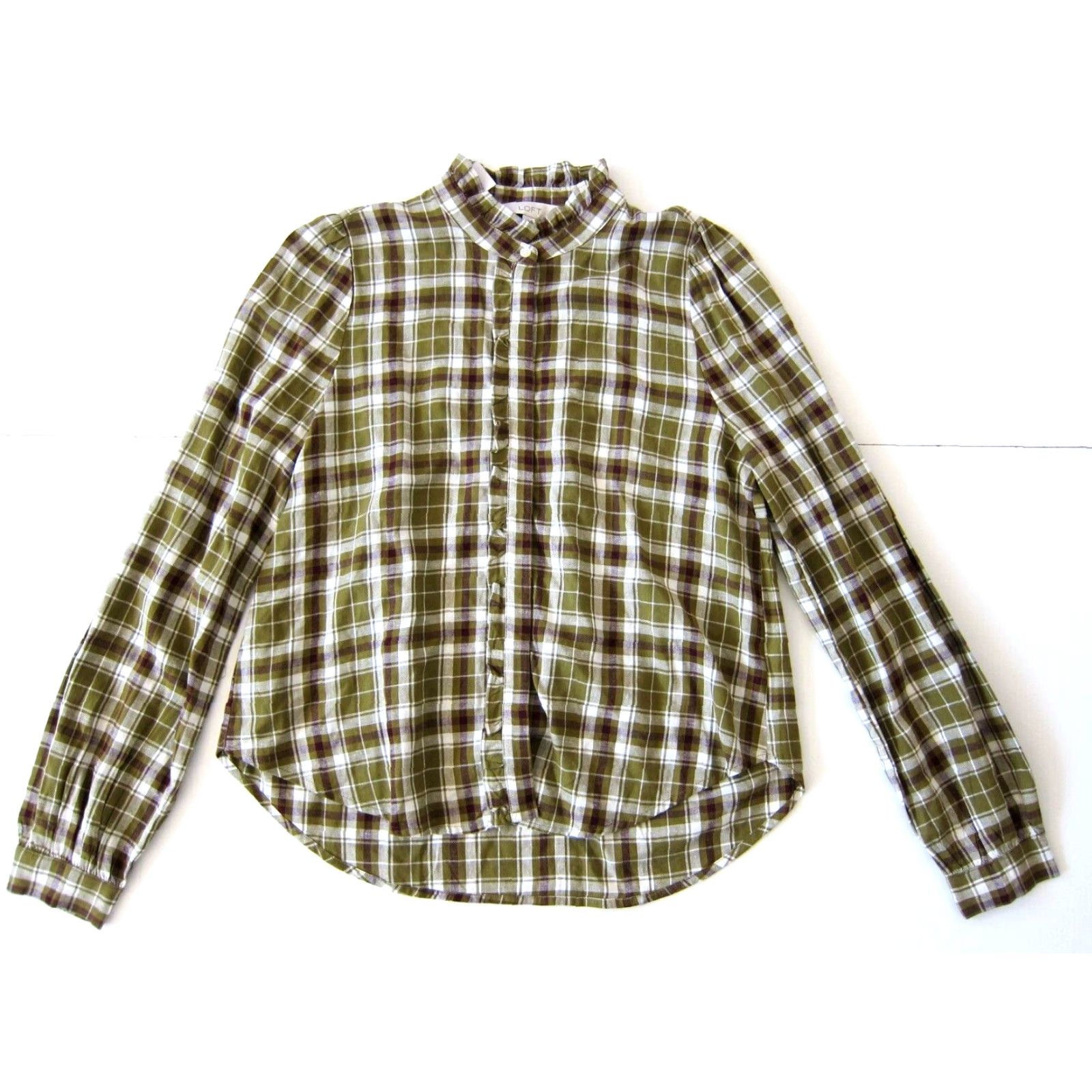 Ann Taylor NWT Ann Taylor Loft Blouse Shirt Button Long Sleeve Collared Plaid Ruffle XS Green Women Proudly Made in Indonesia Size XS / US 0-2 / IT 36-38 - 2 Thumbnail