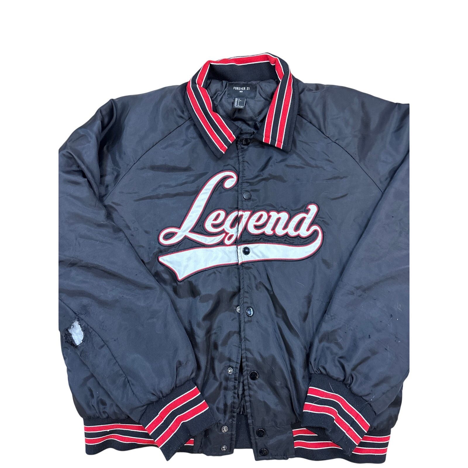 Forever 21 Men’s legend, black red satin thrashed, varsity jacket large Size US L / EU 52-54 / 3 - 2 Thumbnail