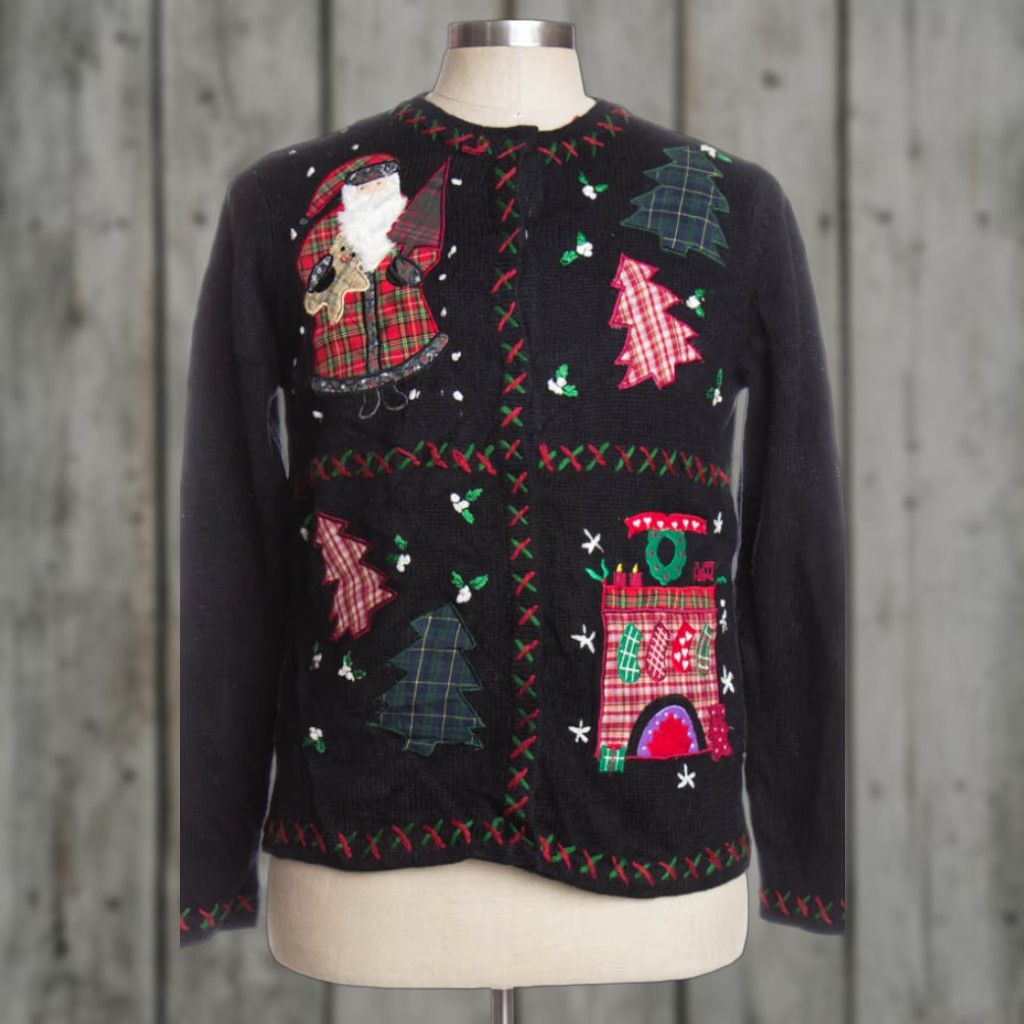 Vintage VINTAGE All Points Black Ugly Christmas Cardigan Shirt XL Womens Santa Flair 35718 42” Bust 23” Length Ramie Cotton Cardigan Black Christmas Size S / US 4 / IT 40 - 1 Preview