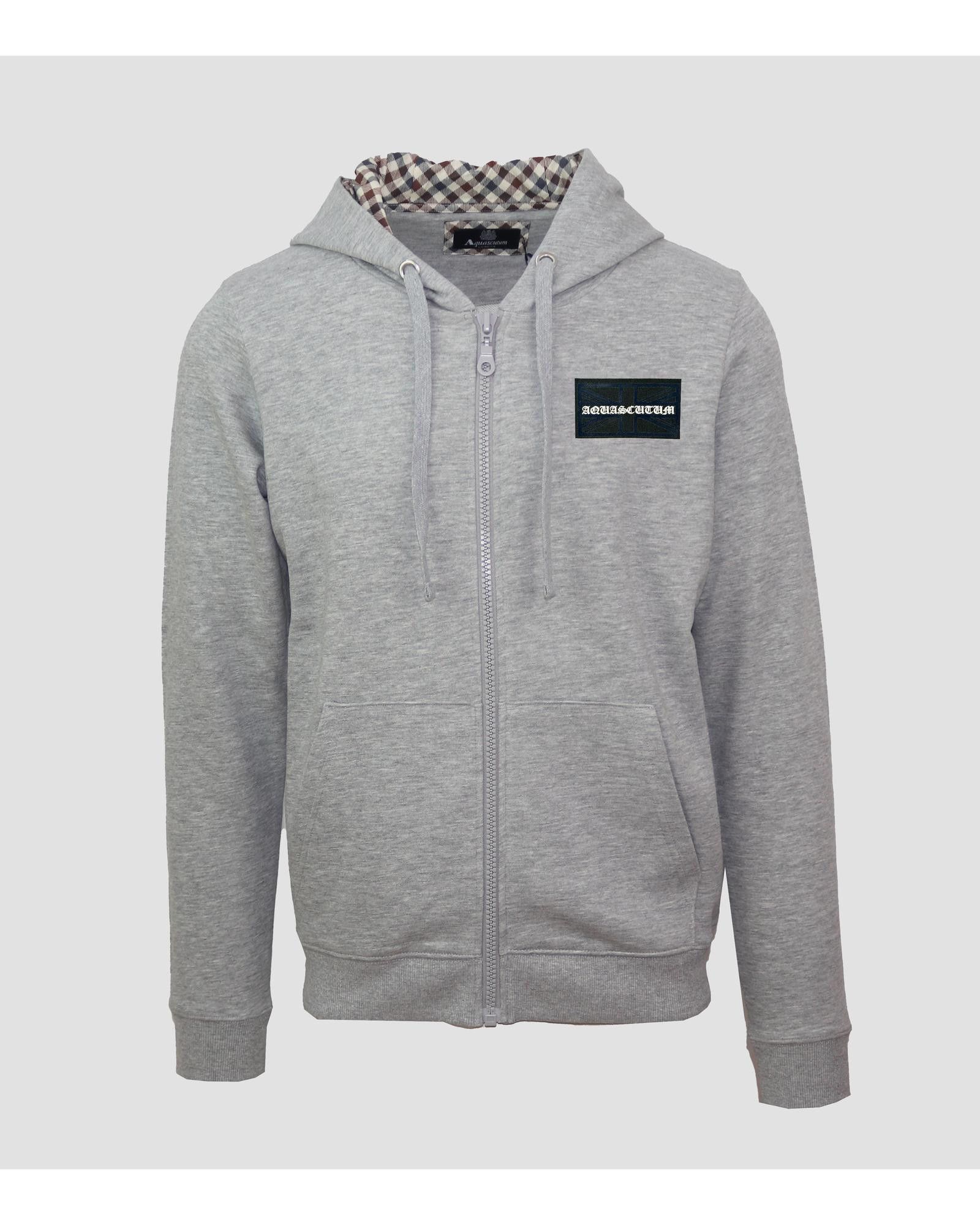 image of Aquascutum Solid Color Zip-Up Cotton Sweatshirt With Fixed Hood in Grey, Men's (Size 2XL)