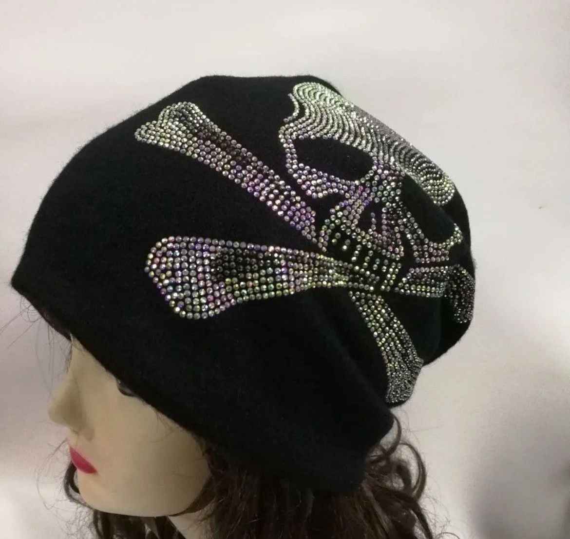 Japanese Brand × Vintage Gothic Black Skull Rhinestone Knitted Beanie Hats Size ONE SIZE - 3 Thumbnail