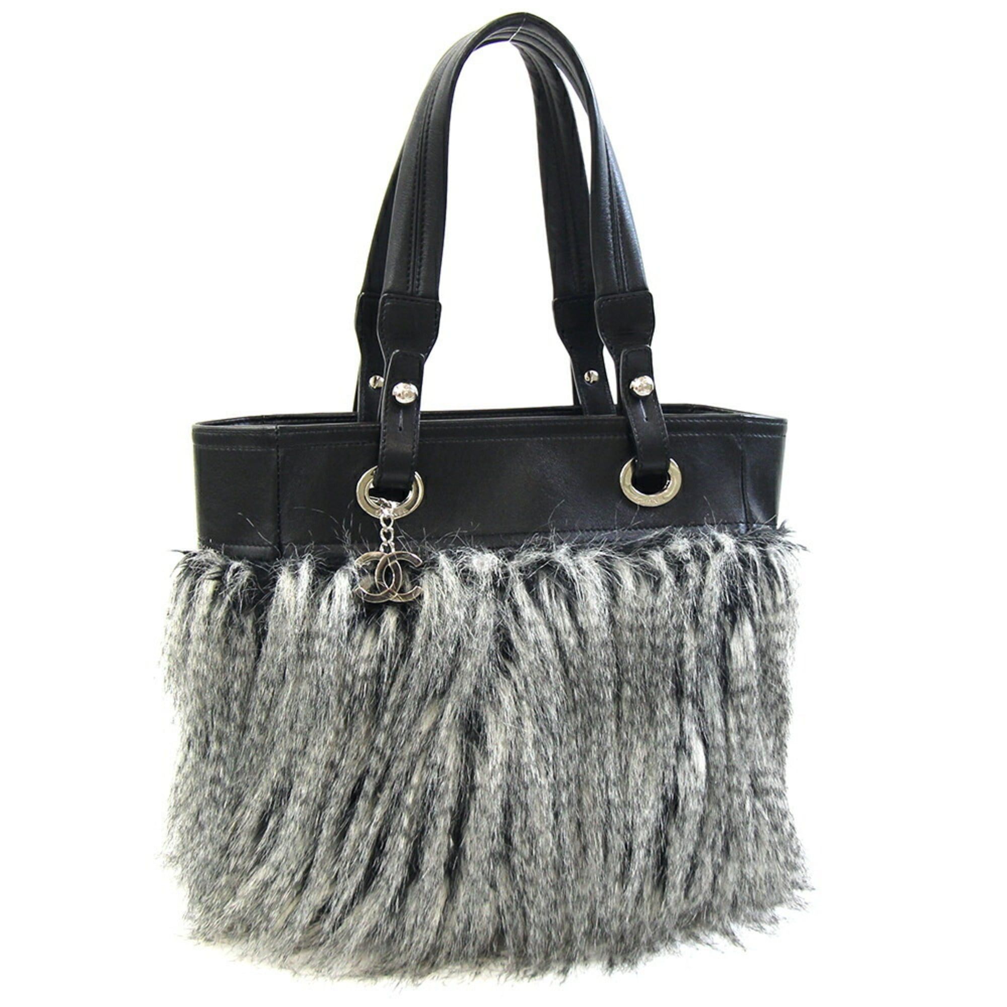 Chanel Chanel Paris-Biarritz Tote MM Black Leather Coated Canvas Faux Fur Shoulder Bag with Coco Mark, Women's Size ONE SIZE - 1 Thumbnail