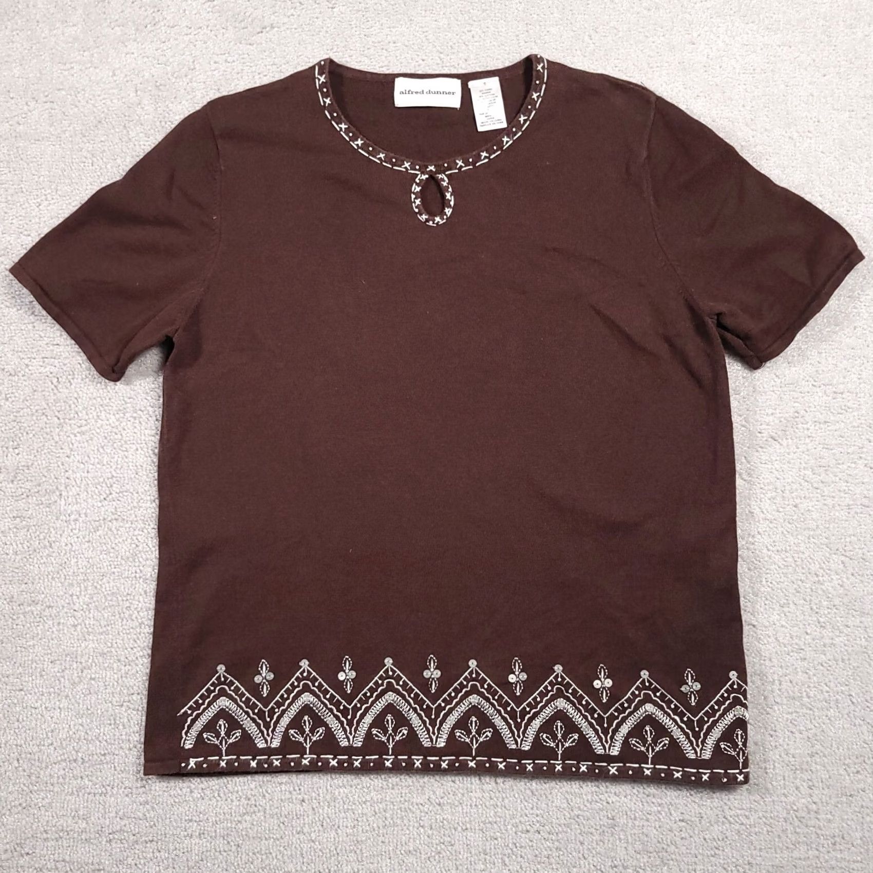 Vintage Alfred Dunner Shirt Women's Small Brown Stretch Short Sleeve Knit Embroidered Size S / US 4 / IT 40 - 2 Thumbnail