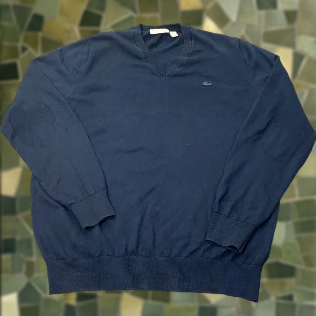 LACOSTE Sweater Mens Large Blue V-Neck Knit Pullover Casual Elbow Patches