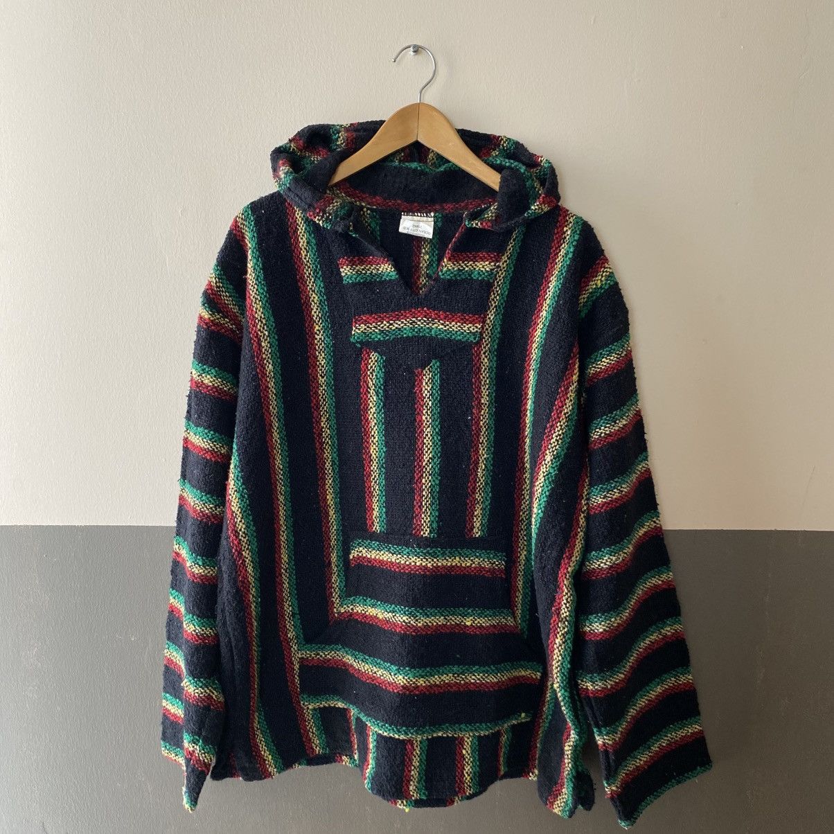 Vintage Black Baja Hoodie with Red, Green & Yellow Stripes Size US XL / EU 56 / 4 - 12 Thumbnail