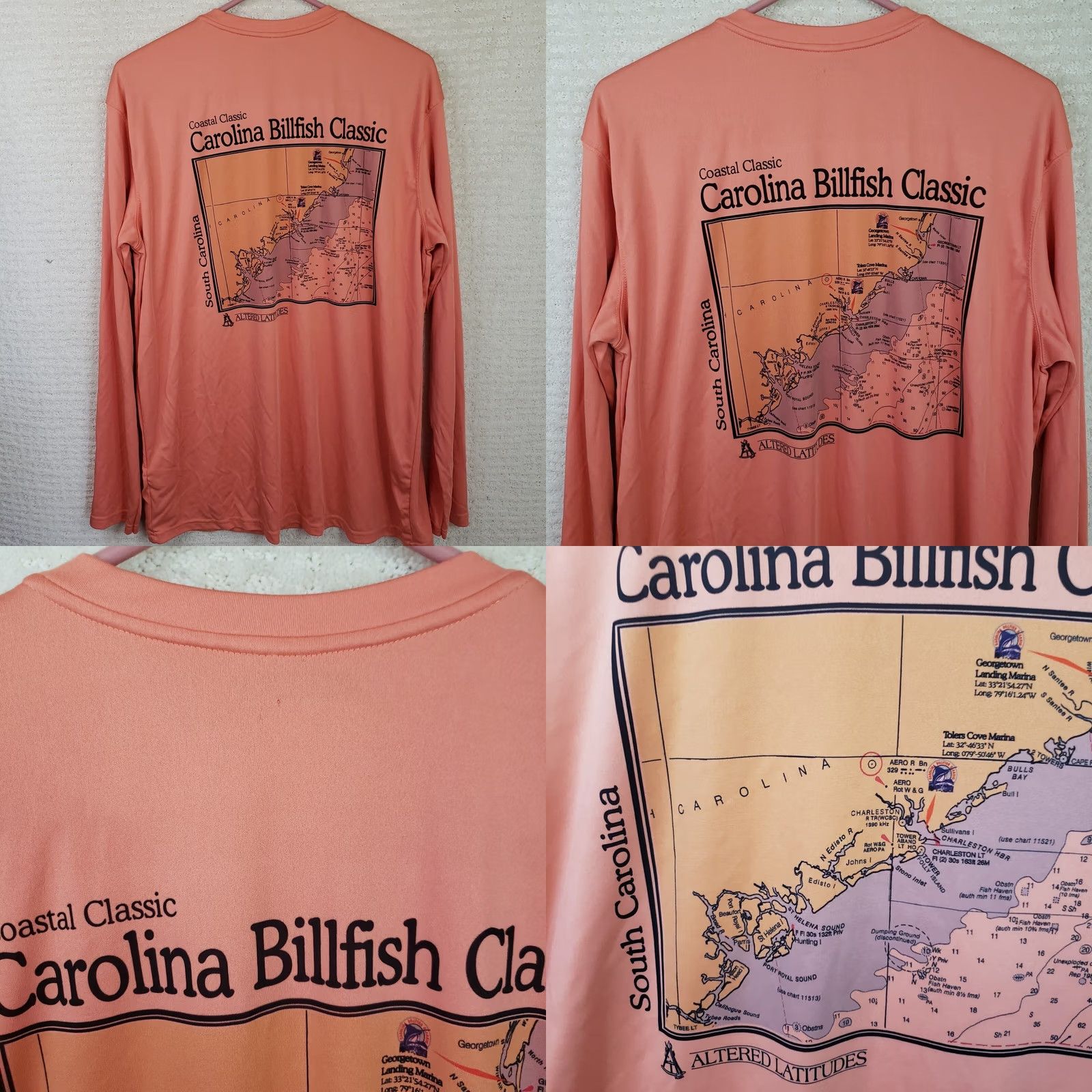 Vintage Altered Latitudes Carolina BILLFISH Classic Long Sleeve Peach Map T-Shirt XL Size US XL / EU 56 / 4 - 8 Thumbnail
