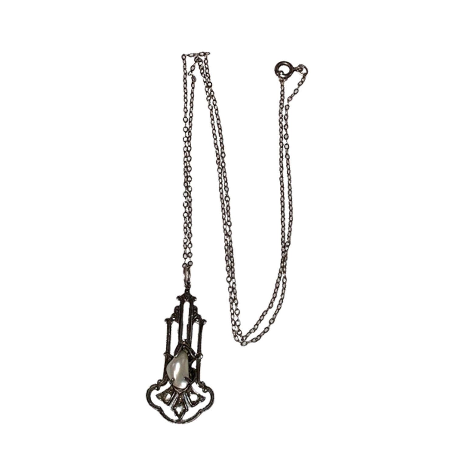 Designer ArtDeco Silver Pave Marcasite Natural Pearl Pendant Necklace Size ONE SIZE - 3 Thumbnail