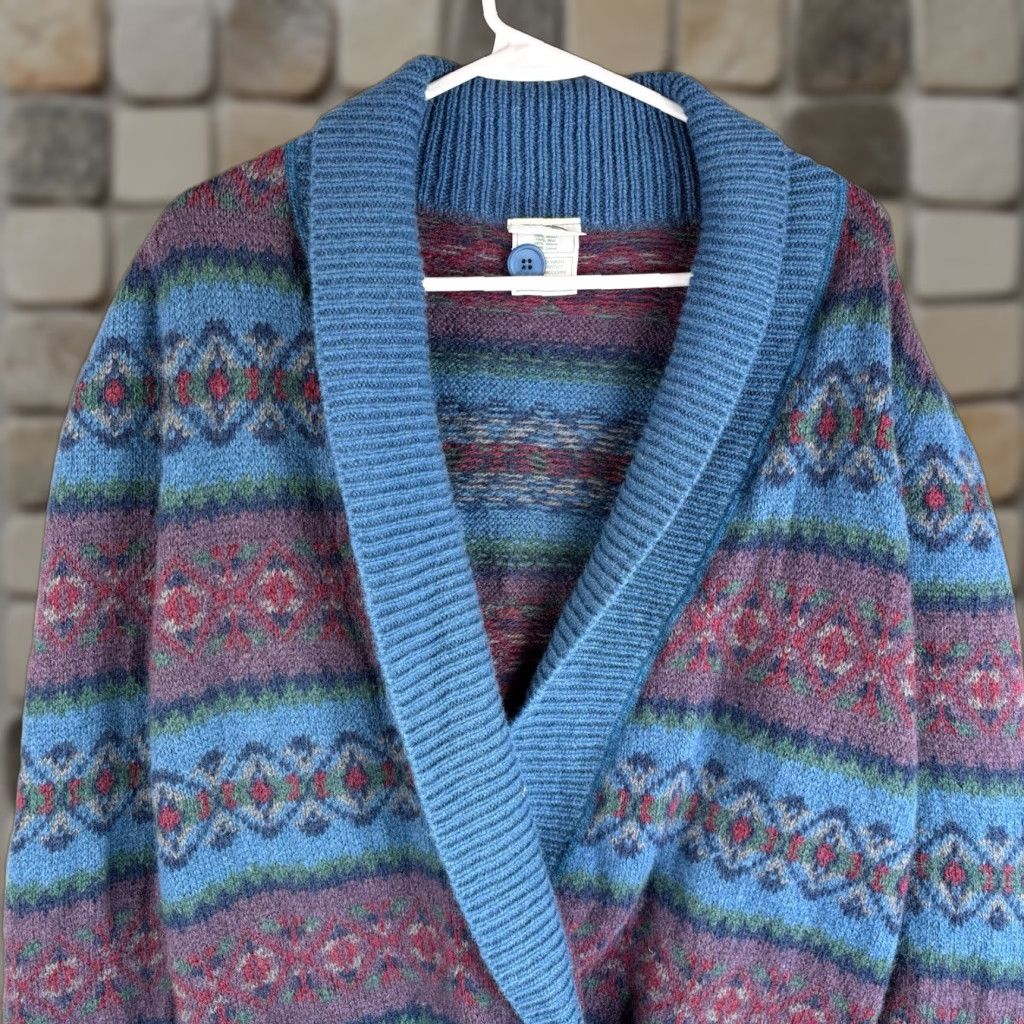 Laura Ashley VINTAGE Laura Ashley Cardigan Sweater Women’s One Size Blue Wool Shawl Collar Cardigan Knit 100% Wool 90s Classic Outdoor Boys/Girls Mens Womens Size L / US 10 / IT 46 - 1 Thumbnail
