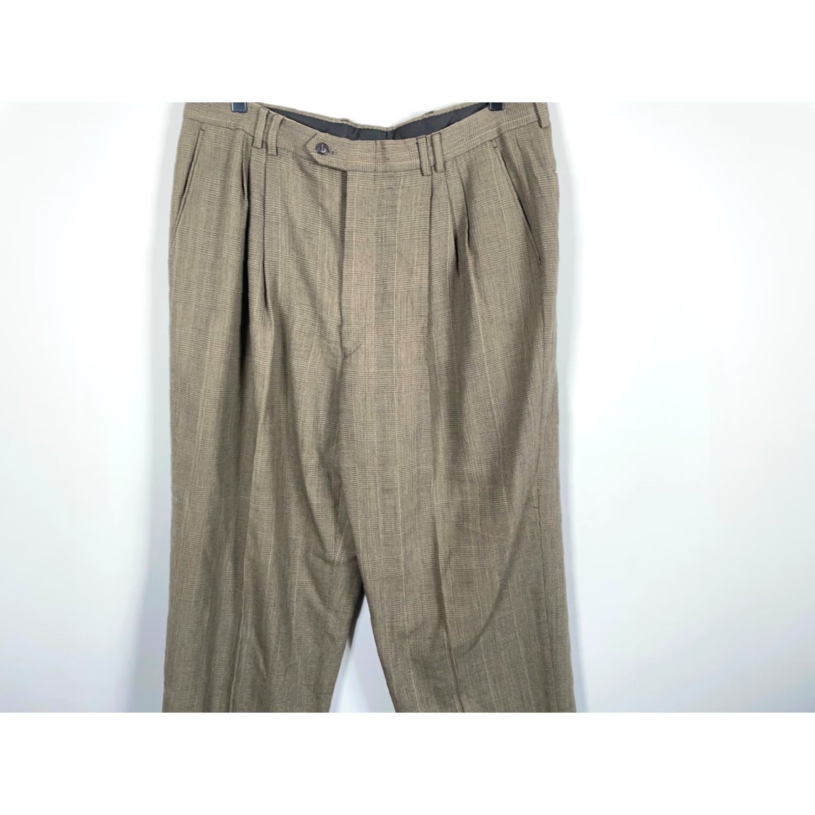 Vintage Vintage Wool Pleated Trousers Men's 37 x 30 Green Check Cuffed Italian Made Pants Size US 37 - 4 Thumbnail