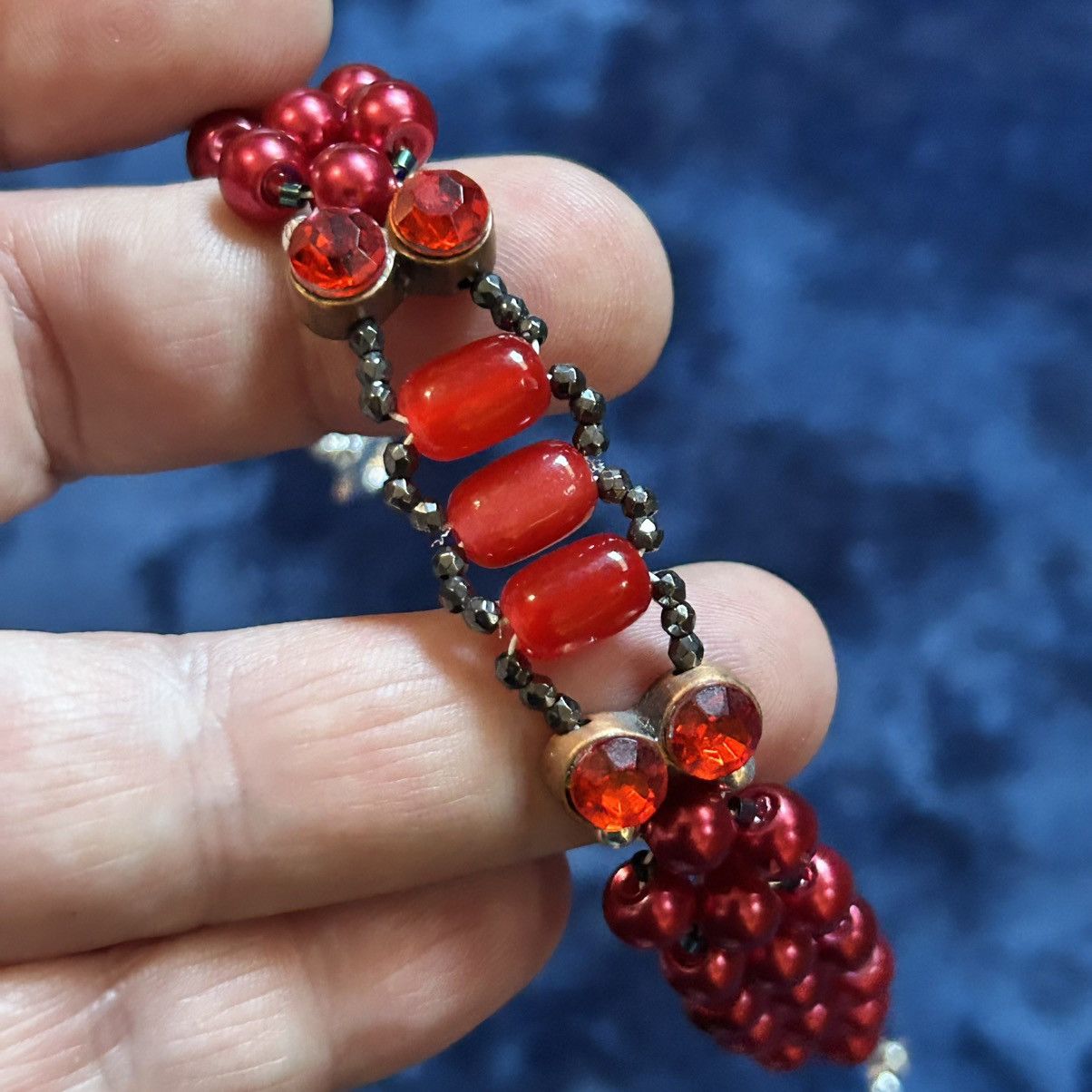 Handmade Handcrafted ruby red Czech glass pearl cat eye bracelet Size ONE SIZE - 3 Thumbnail