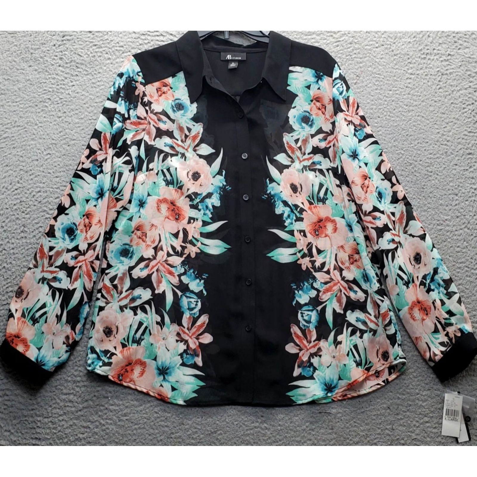 Vintage AB Studio Shirt Womens XL Casual Multi Floral Sheer Long Sleeve Collar Button Size XL / US 12-14 / IT 48-50 - 2 Thumbnail