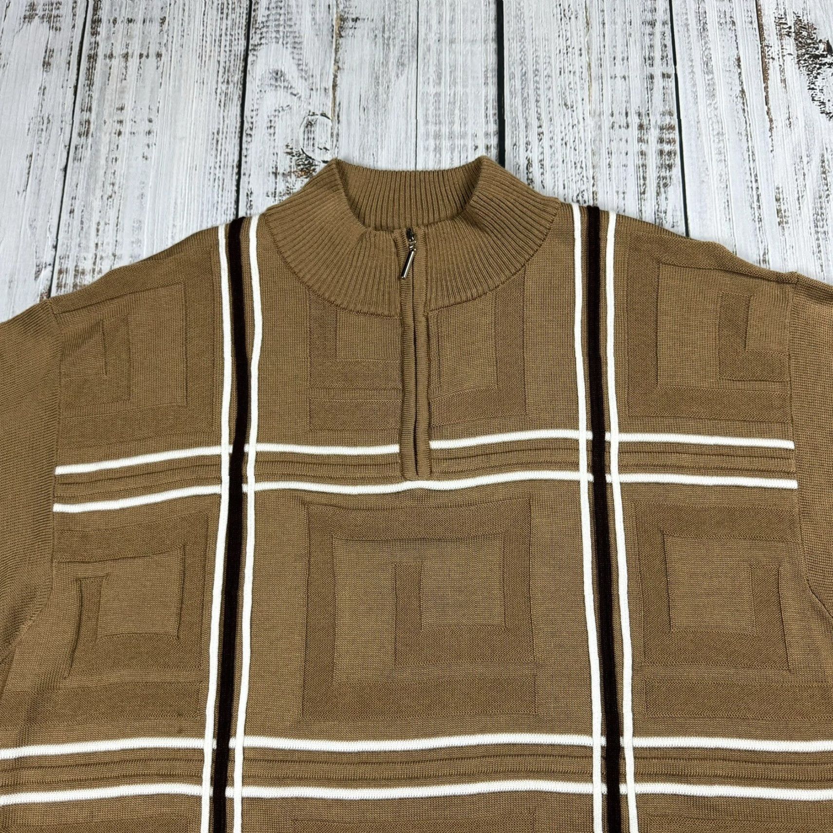 Stacy Adams Stacy Adams Designer Sweater 3XLT Big & Tall Adult Beige Knit 1/4 Zip Plaid Mens Size US XXL / EU 58 / 5 - 2 Thumbnail
