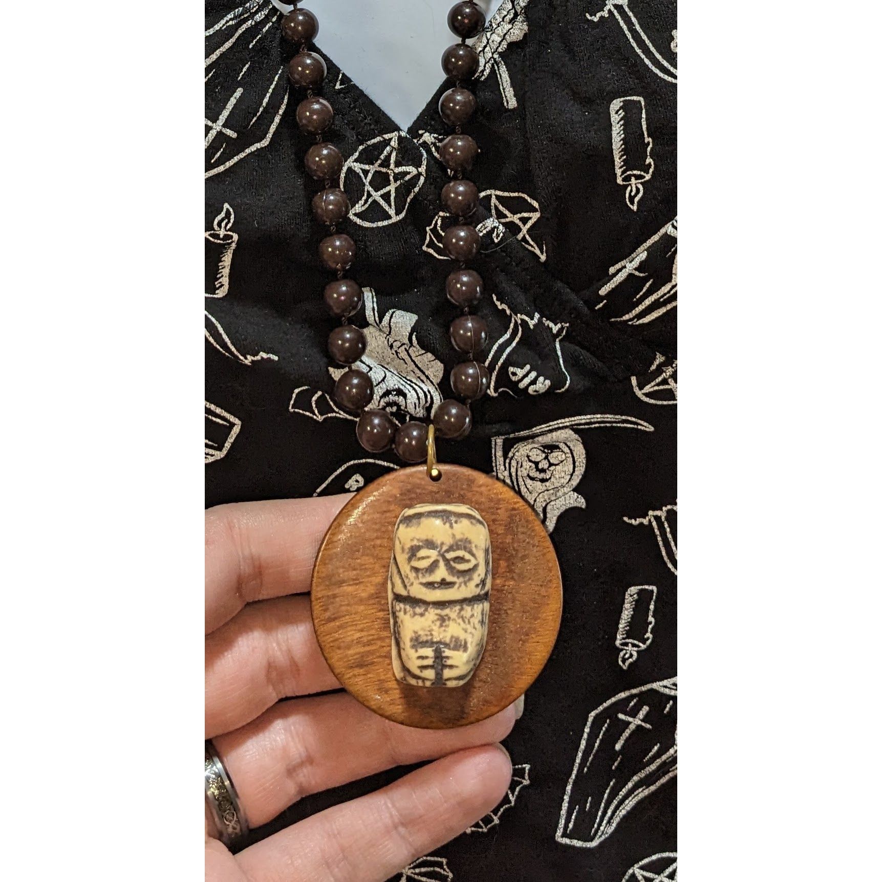 Other Hand-Carved Wooden Beaded Necklace With Tribal-Inspired Pend Size ONE SIZE - 4 Thumbnail