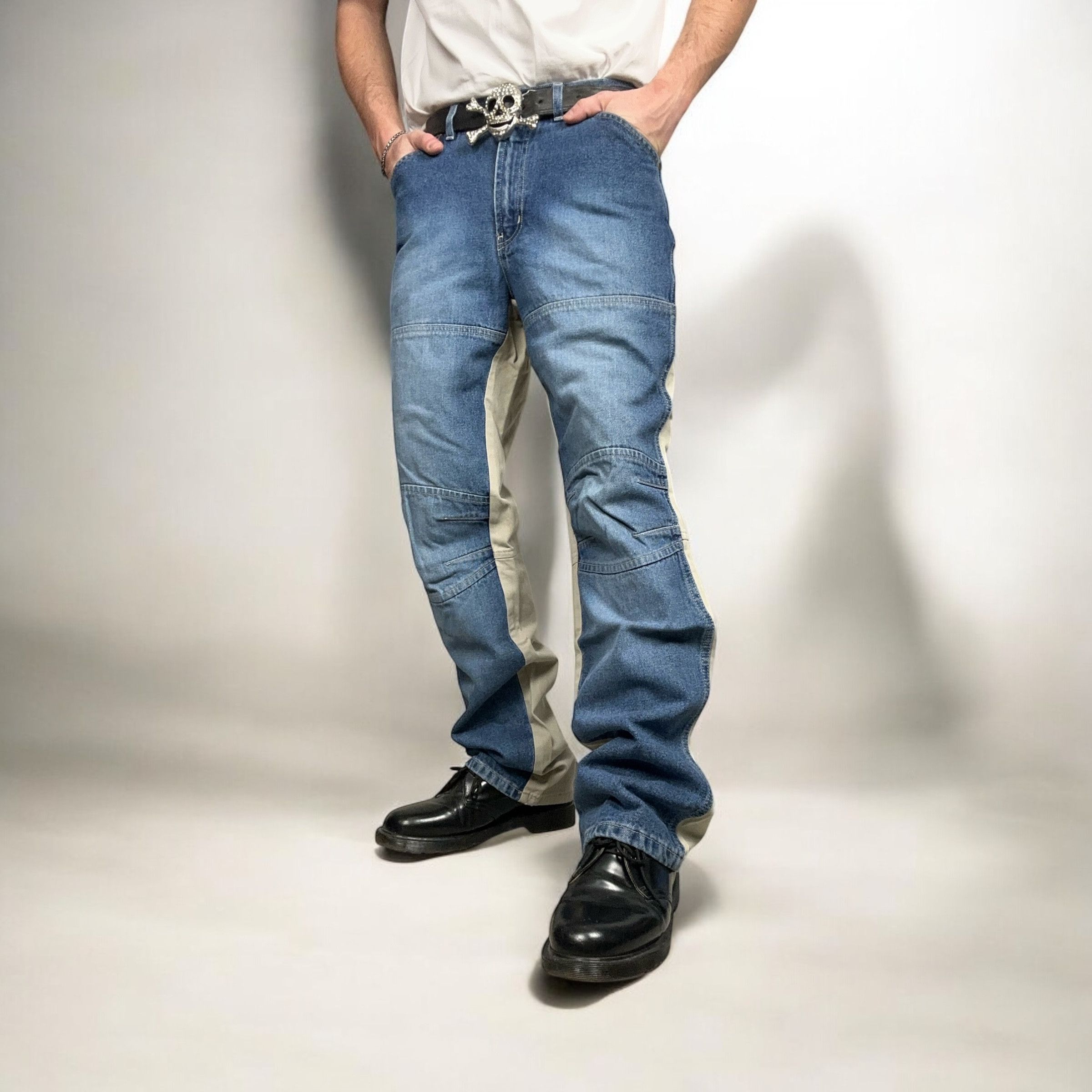 Japanese Brand × Vintage Vintage y2k Blue/Beige Hybrid Double Knee Denim Pants Jeans Size US 32 / EU 48 - 2 Thumbnail
