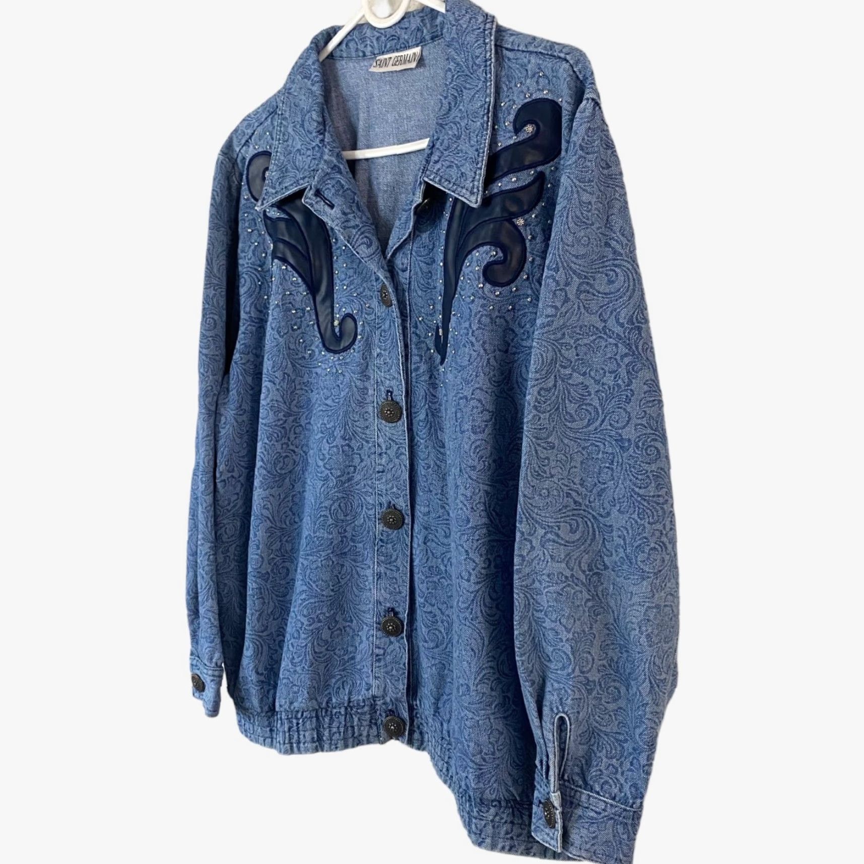 Denime VINTAGE Saint Germain Western Denim Jacket Women L Blue Floral Motif Button-Up 100% Cotton USA Womens Size L / US 10 / IT 46 - 2 Thumbnail