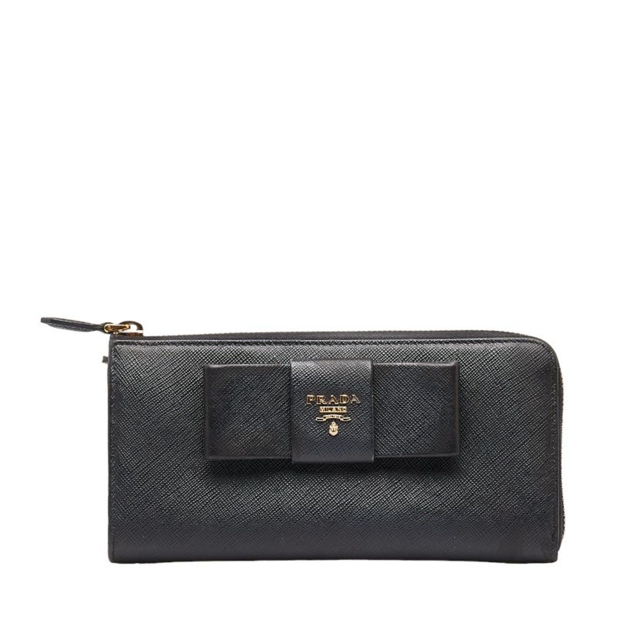 image of Prada Ribbon Saffiano Long Wallet L-Shaped Black Leather Women's Prada