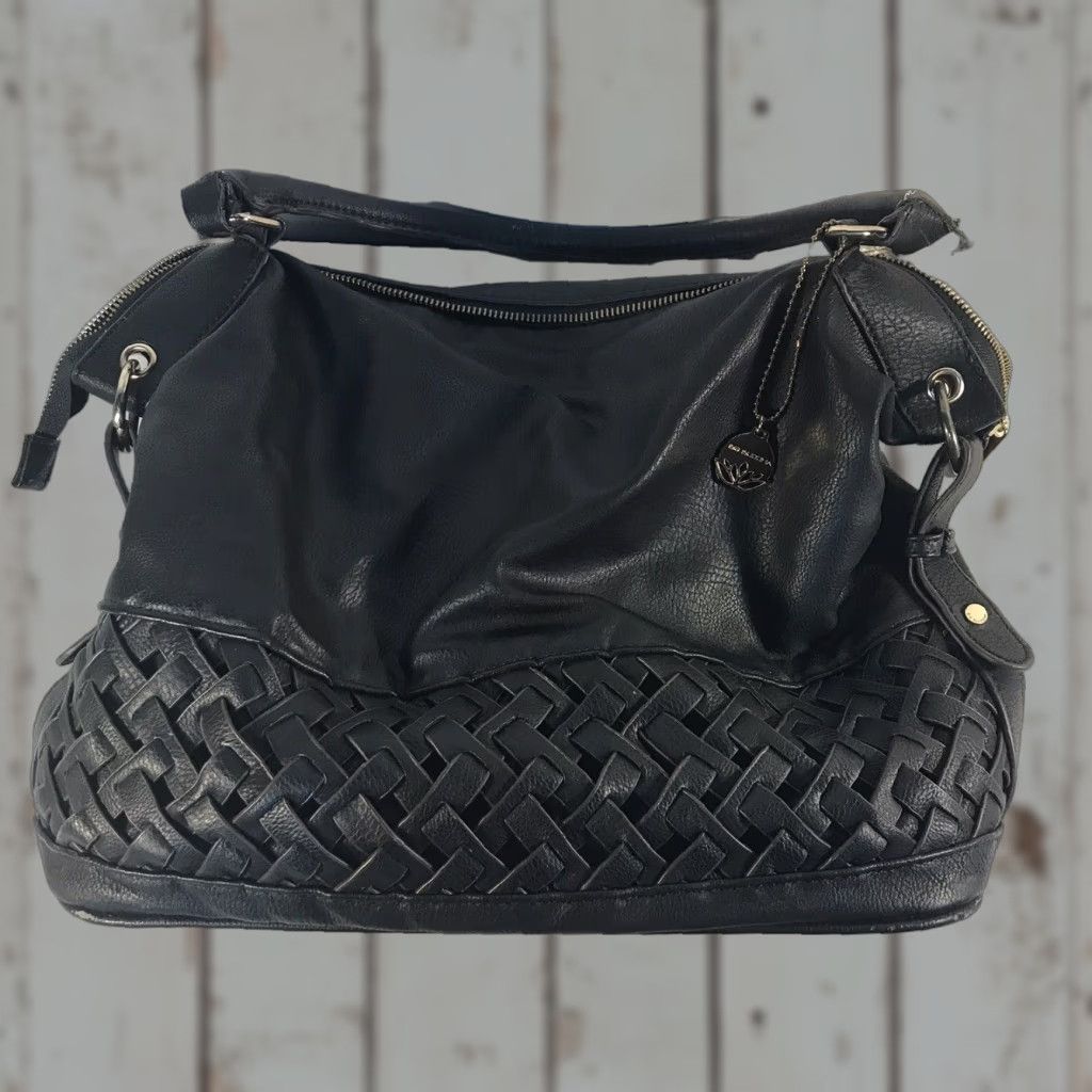 Vintage Big Buddha Black Faux Leather Satchel Bag XL - Basket Weave Design, Business Casual Travel, Womens Size ONE SIZE - 1 Thumbnail