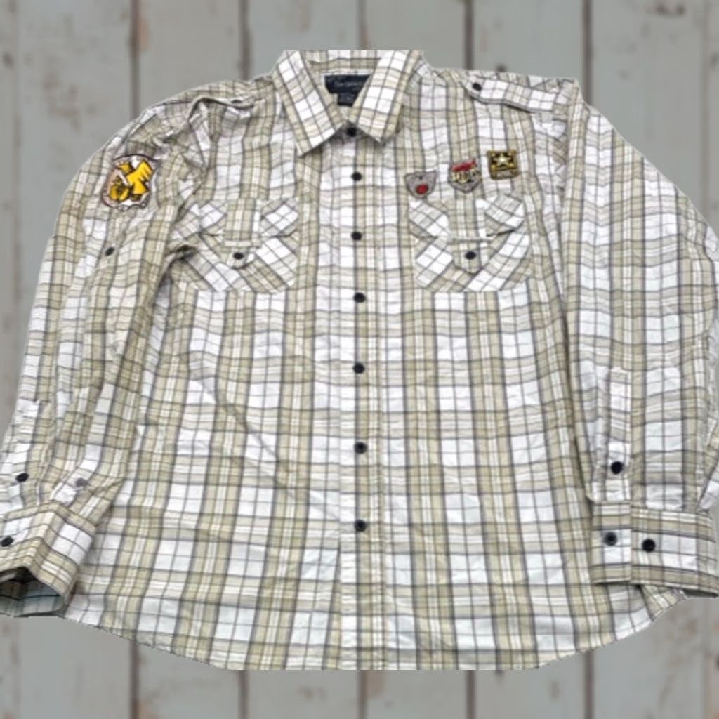 Element Five Elementz Mens 3XL Long Sleeve Button-Up Beige Plaid Patches Logo Shirt Size US XXL / EU 58 / 5 - 1 Thumbnail
