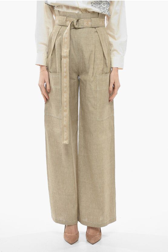 image of Max Mara Linen Blend Slogan Pants With Gathers in Beige, Women's (Size 26)