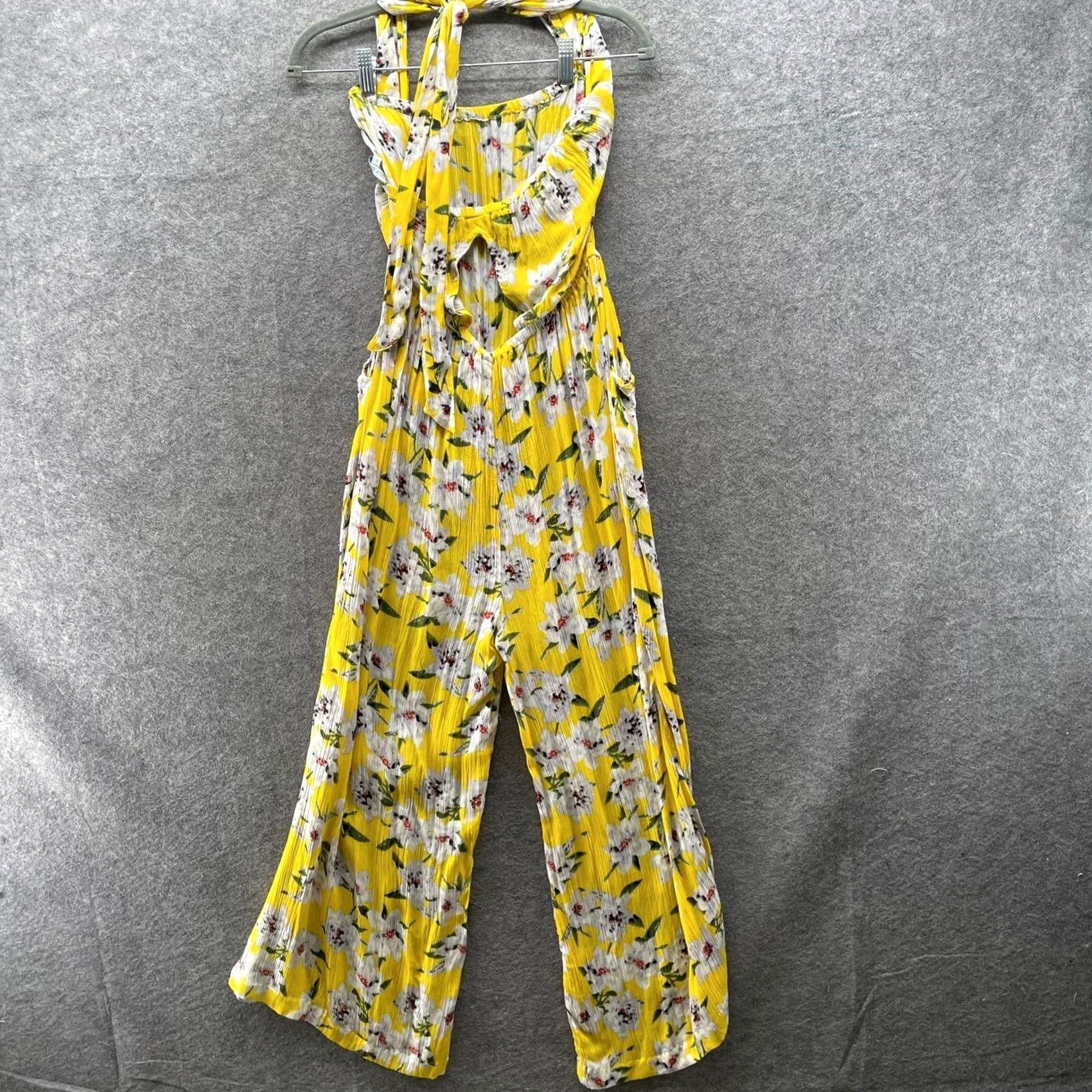 Vintage Blue Island Jumpsuit Womens L Yellow Rayon Tropical Floral Halter Wide Leg Crepe Size 36" / US 14 / IT 50 - 2 Thumbnail