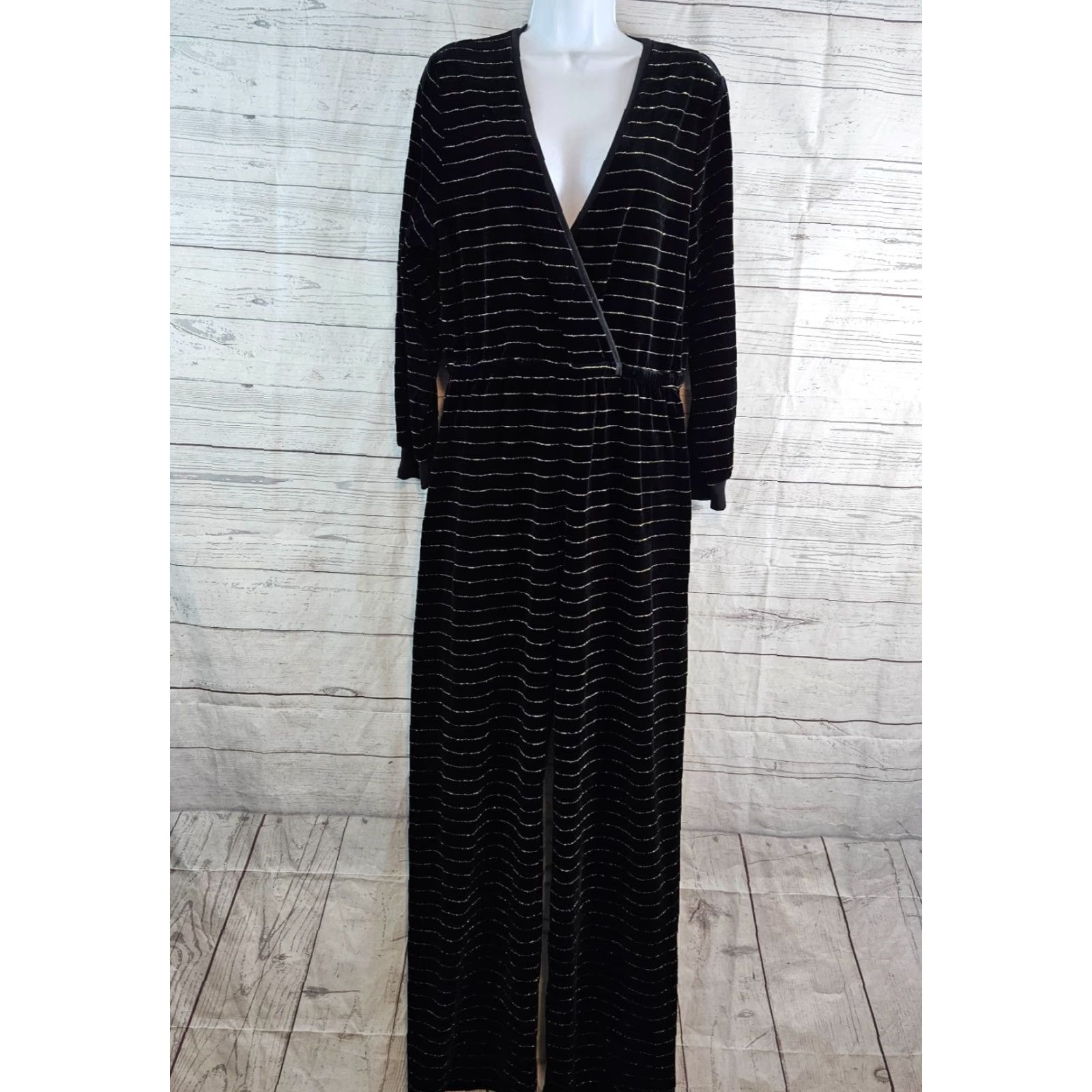 Vintage Suzie Kondi Jumpsuit One-Piece Womens V-Neck Black Gold Striped L Size 36" / US 14 / IT 50 - 2 Thumbnail