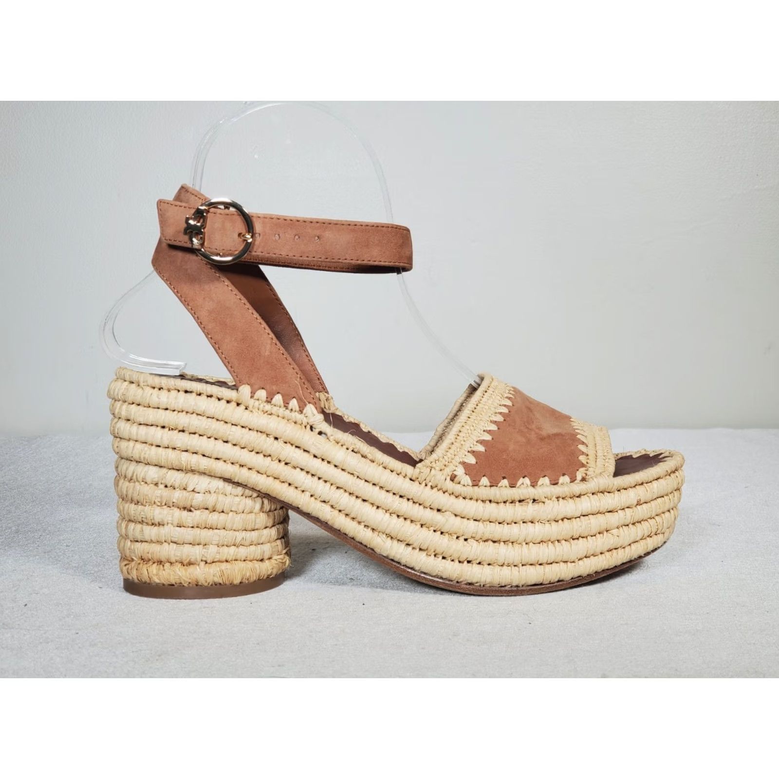 Tory Burch Tory Burch Arianne 90mm Raffia Platform Sandal Tan Suede Ankle Strap Women US 8 Size US 8 / IT 38 - 3 Thumbnail