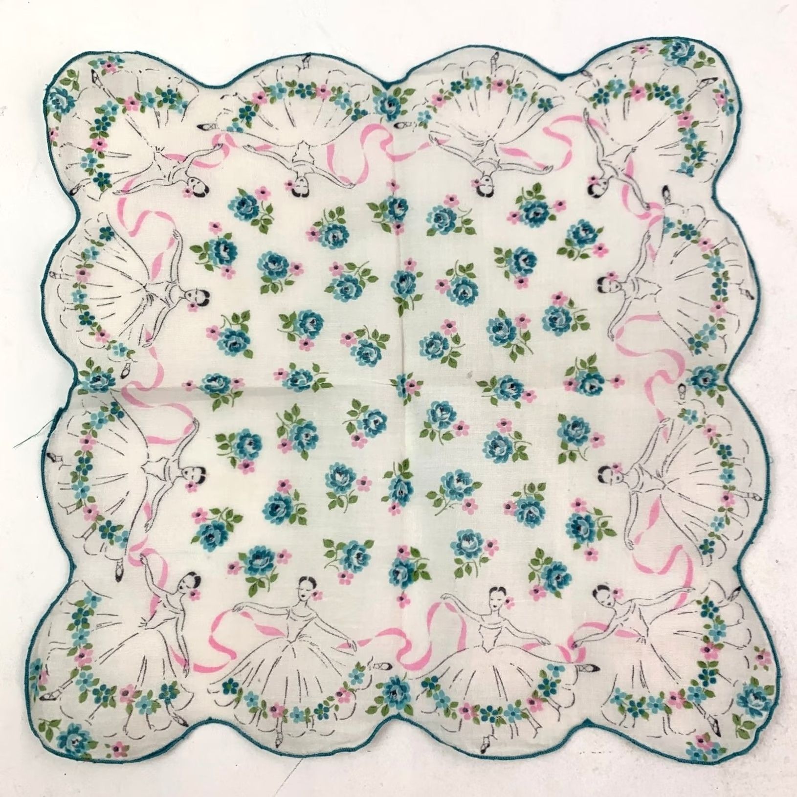 Vintage VINTAGE Handkerchief Ballerina Floral Scalloped White Teal Pink Fabric 12 x 12 Women Size ONE SIZE - 6 Thumbnail