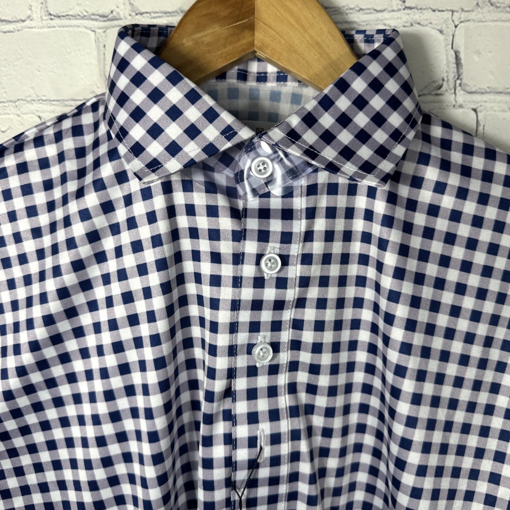 CO Collars & Co Dress Collar Polo Shirt S Navy Gingham Stretch Golf Button Down Short Sleeve Men Regular 100% Polyester Blue Size 36R - 2 Thumbnail